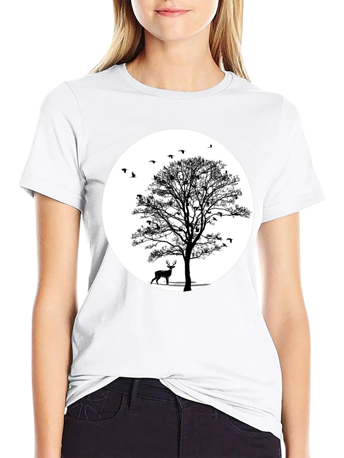Nature Scene Graphic Tee - Deer and Birds