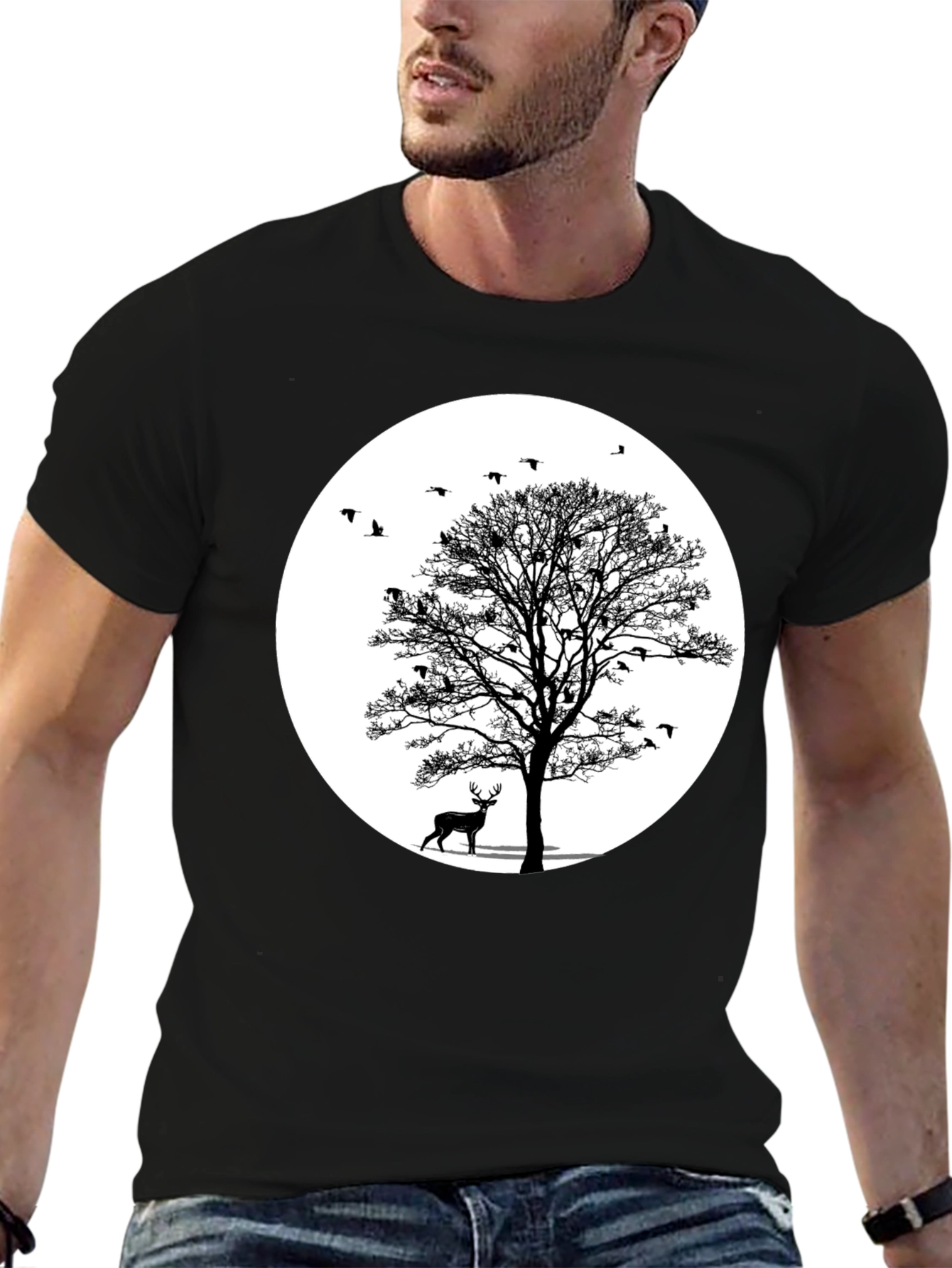 Nature Scene Graphic Tee - Deer and Birds