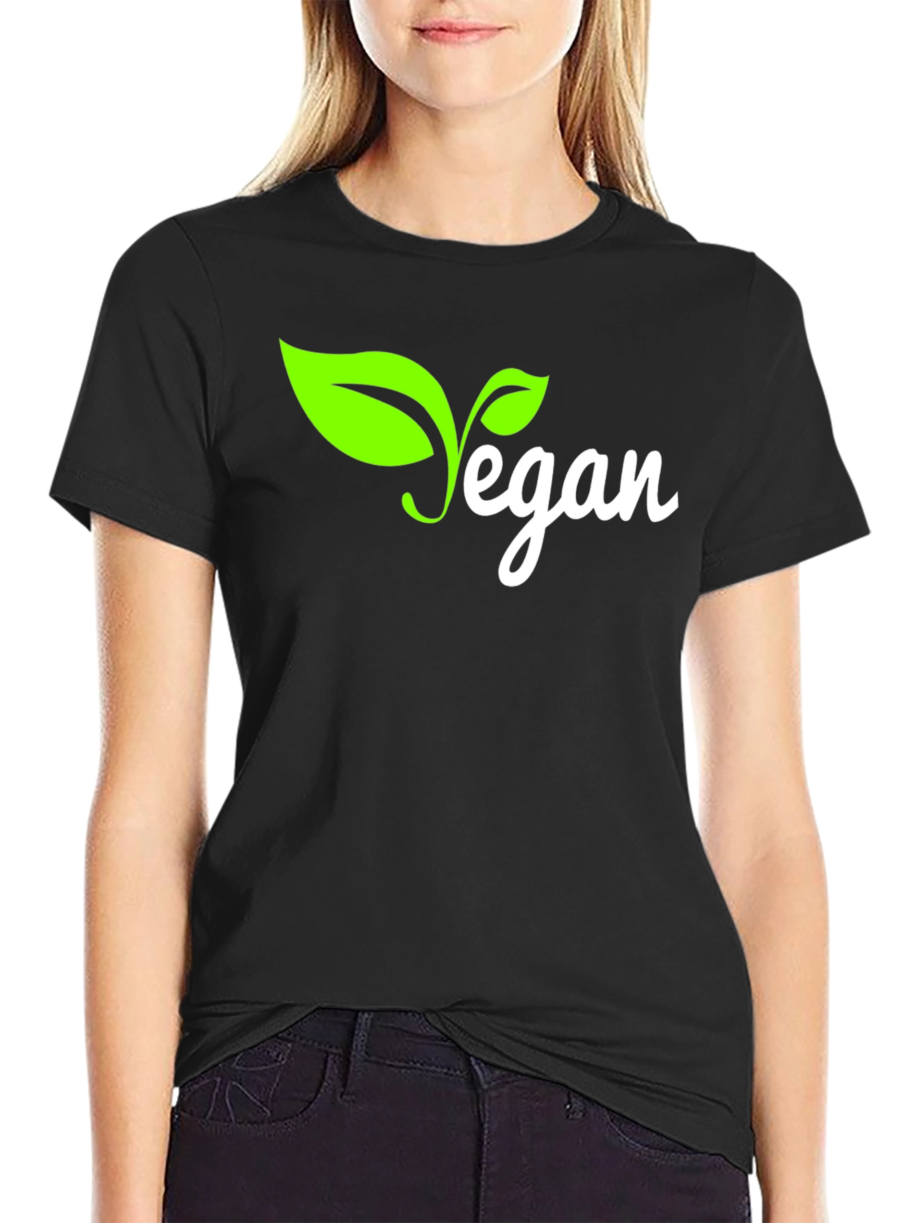Vegan T-Shirt - Black with Green Leaf Design