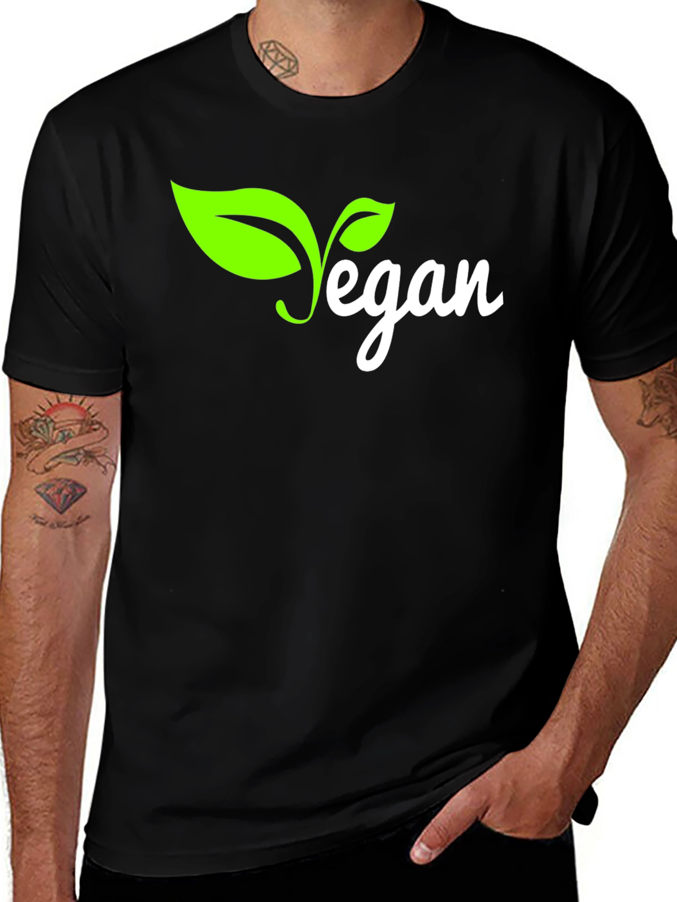 Vegan T-Shirt - Black with Green Leaf Design