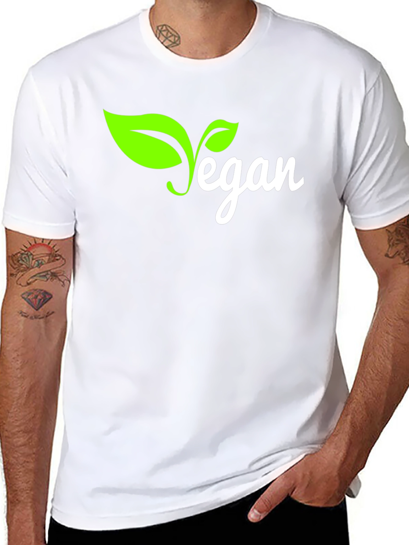 Vegan T-Shirt - Black with Green Leaf Design