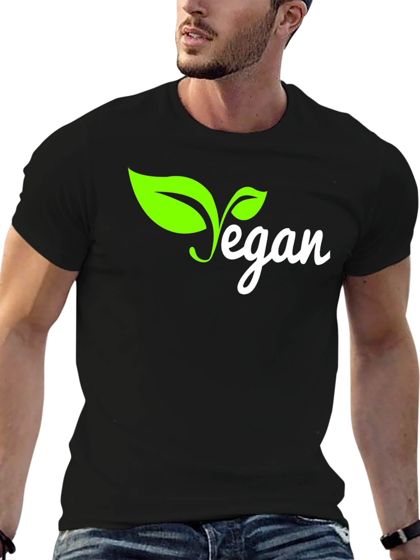 Vegan T-Shirt - Black with Green Leaf Design