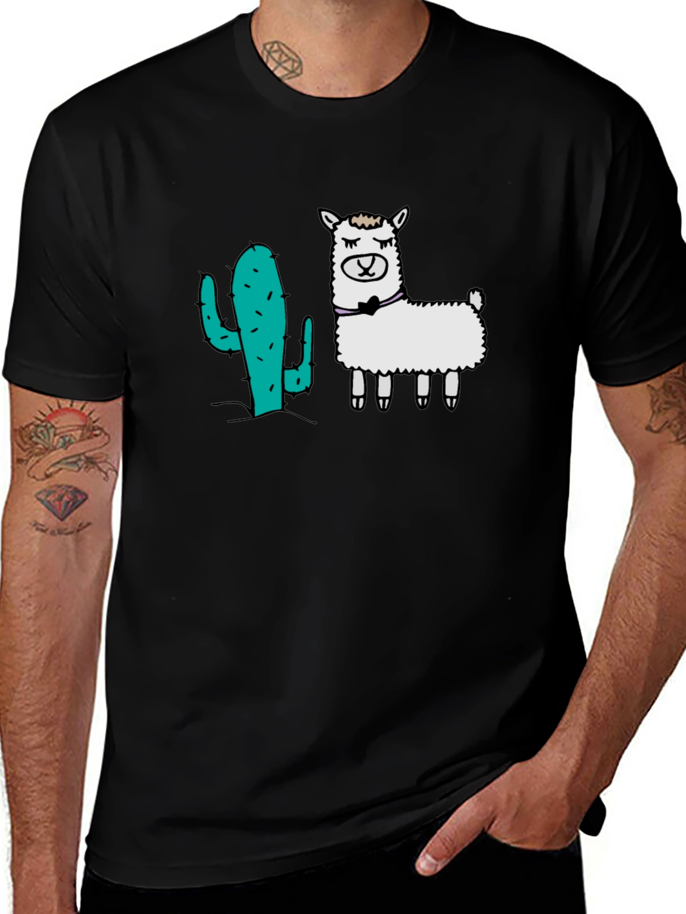 Cactus Llama Graphic Tee - Black Cotton T-Shirt