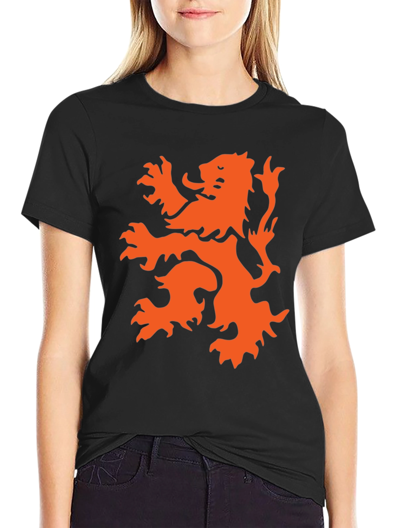 Black T-Shirt with Orange Lion Graphic
