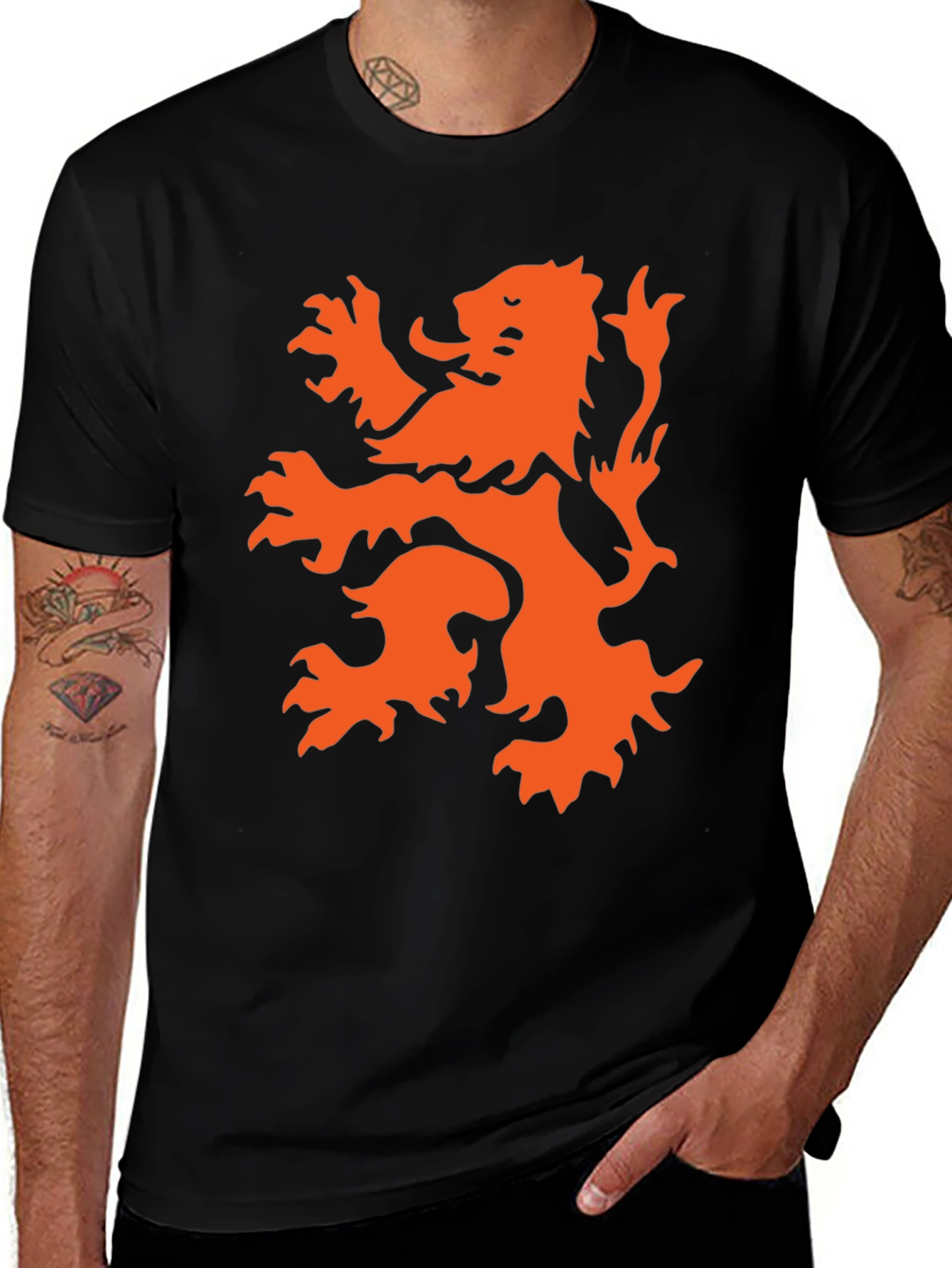 Black T-Shirt with Orange Lion Graphic
