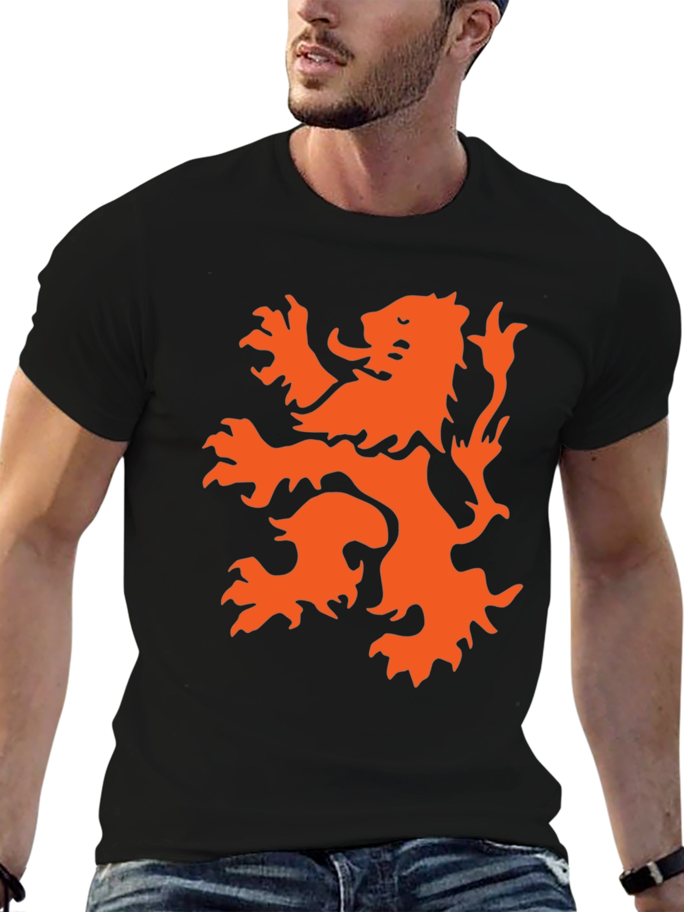 Black T-Shirt with Orange Lion Graphic