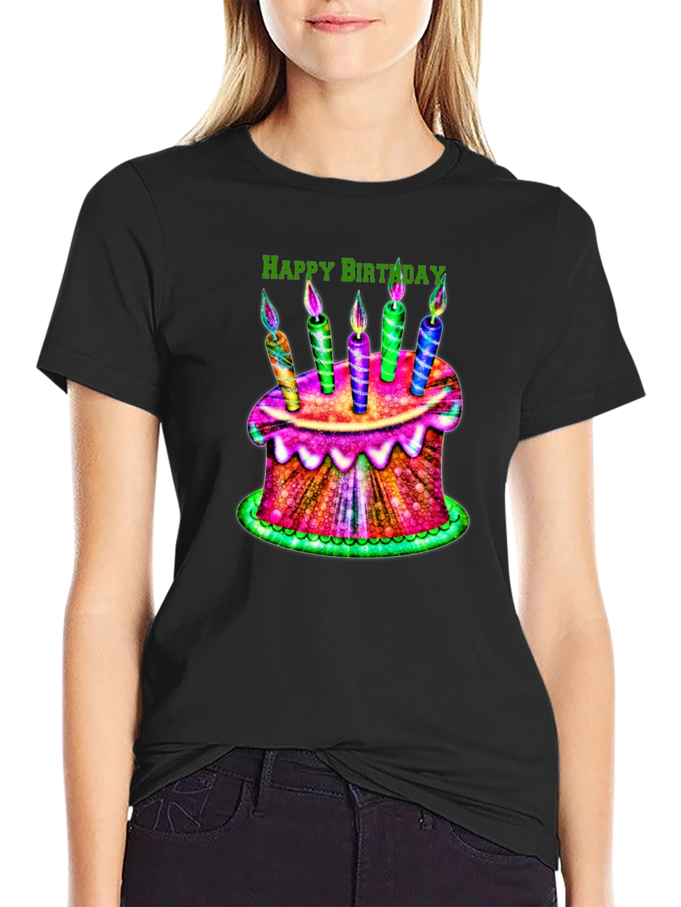 Happy Birthday Cake Graphic Tee - Black