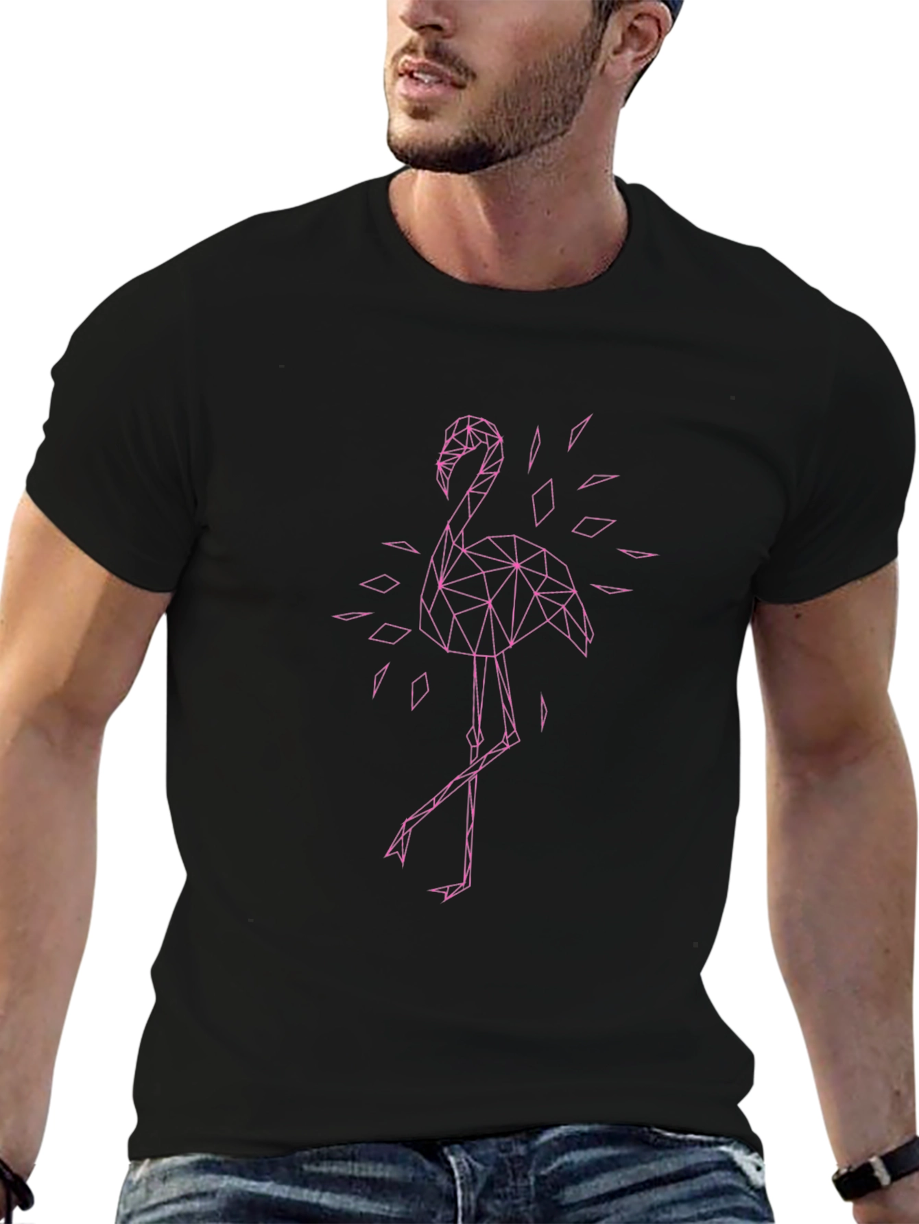 Geometric Flamingo Graphic Tee - Black Cotton T-Shirt