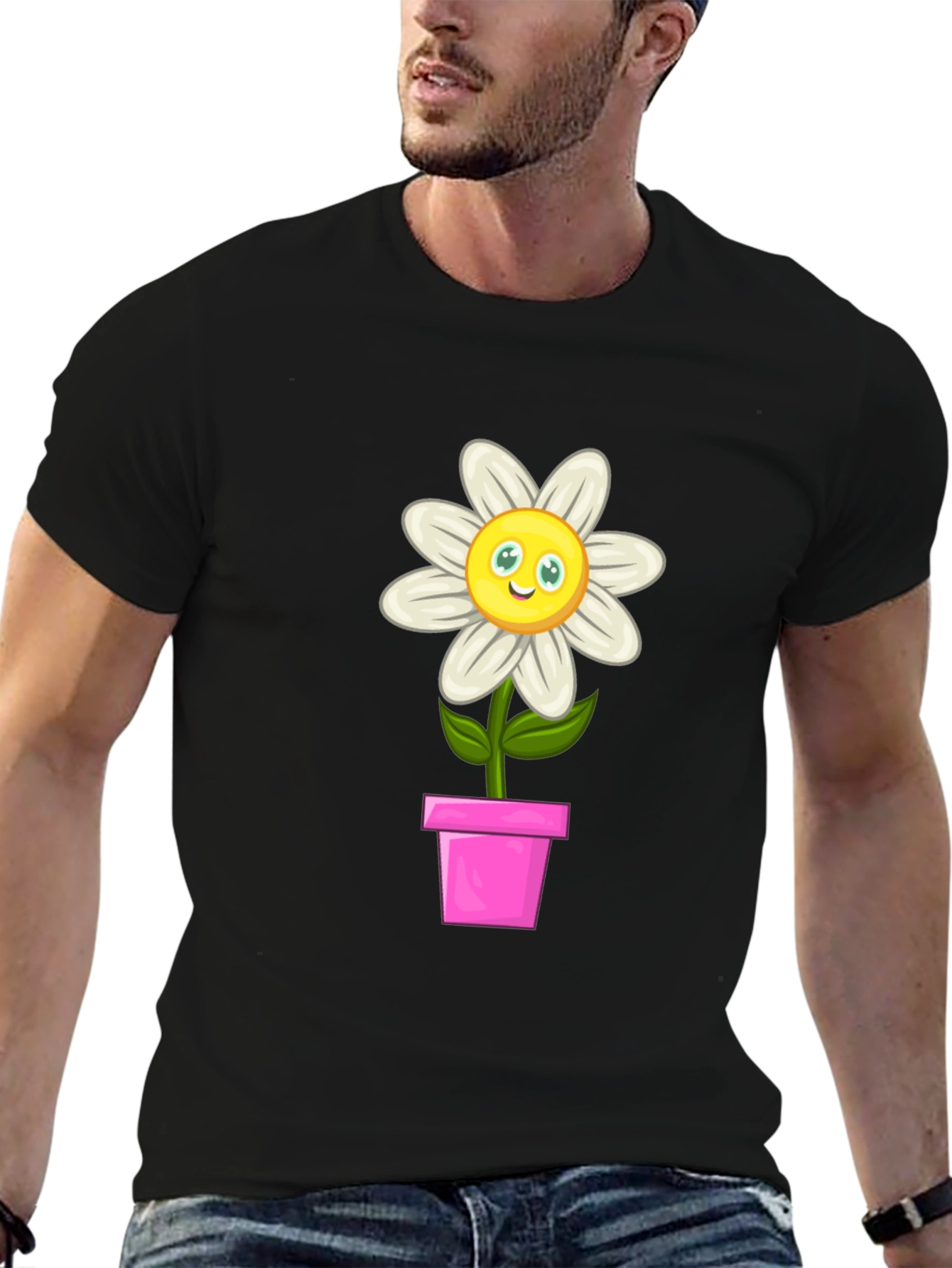 Cartoon Flower Pot T-Shirt - Black