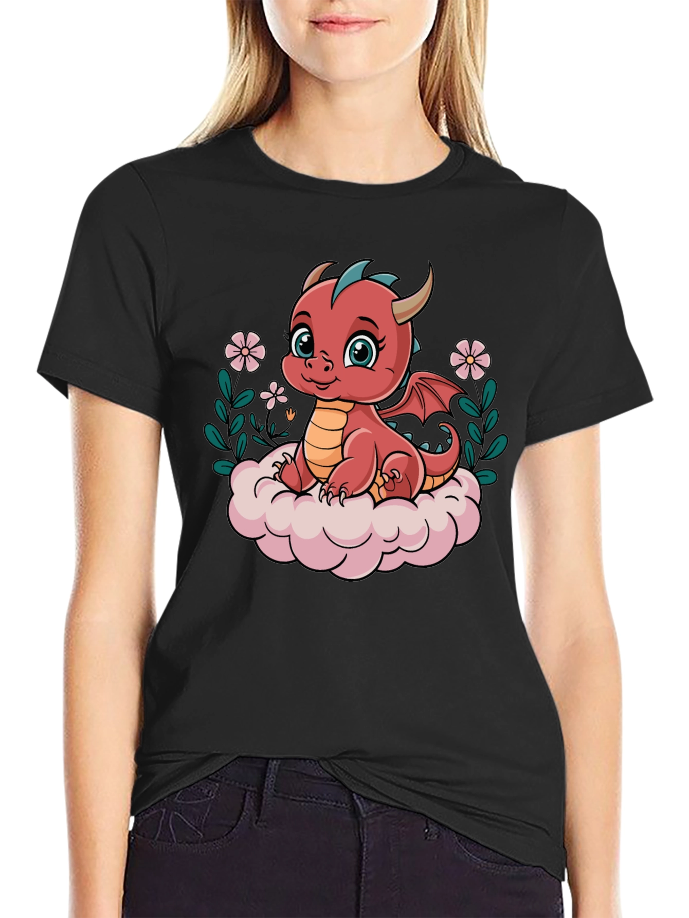 Cute Dragon Graphic Tee - Black Cotton Shirt