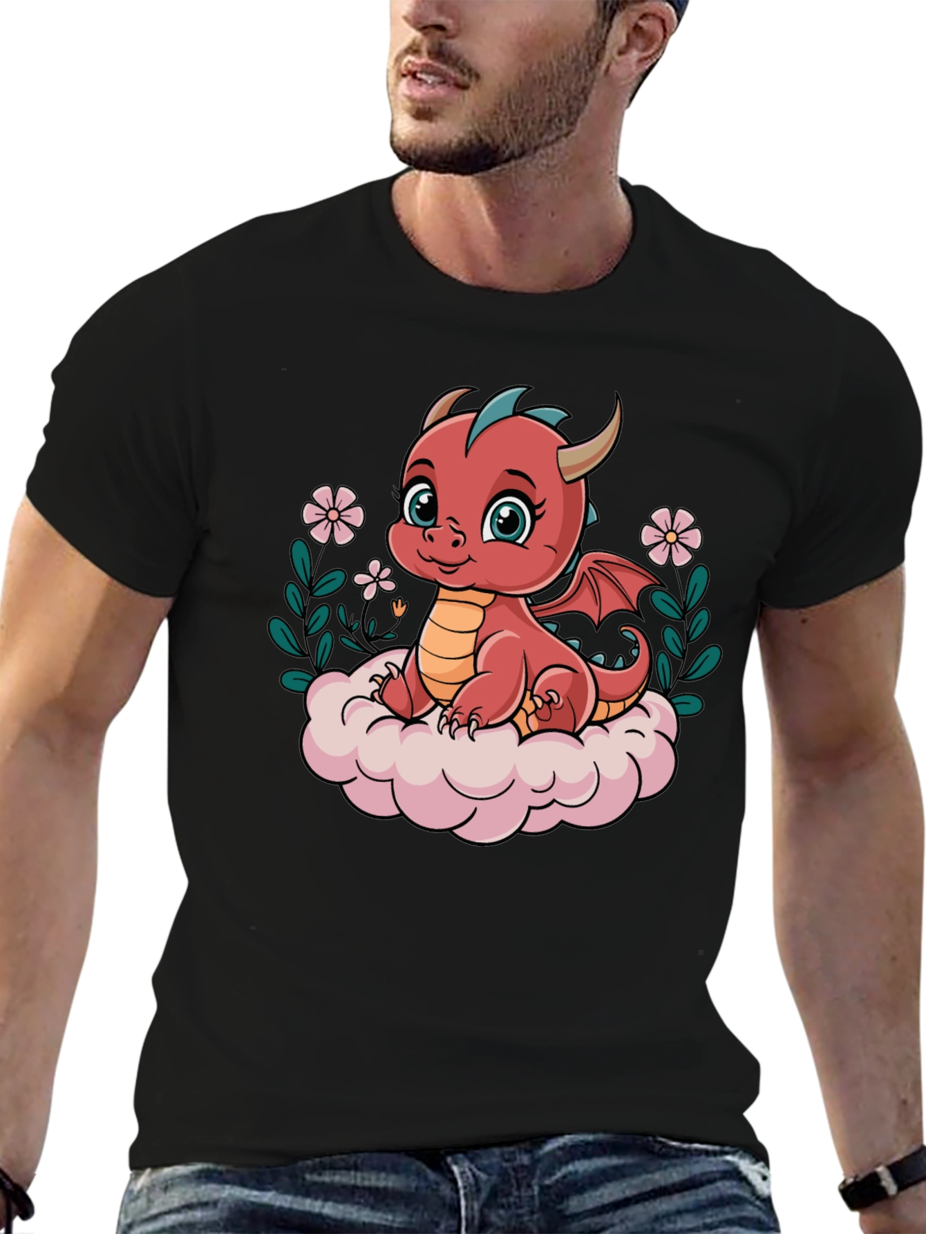 Cute Dragon Graphic Tee - Black Cotton Shirt