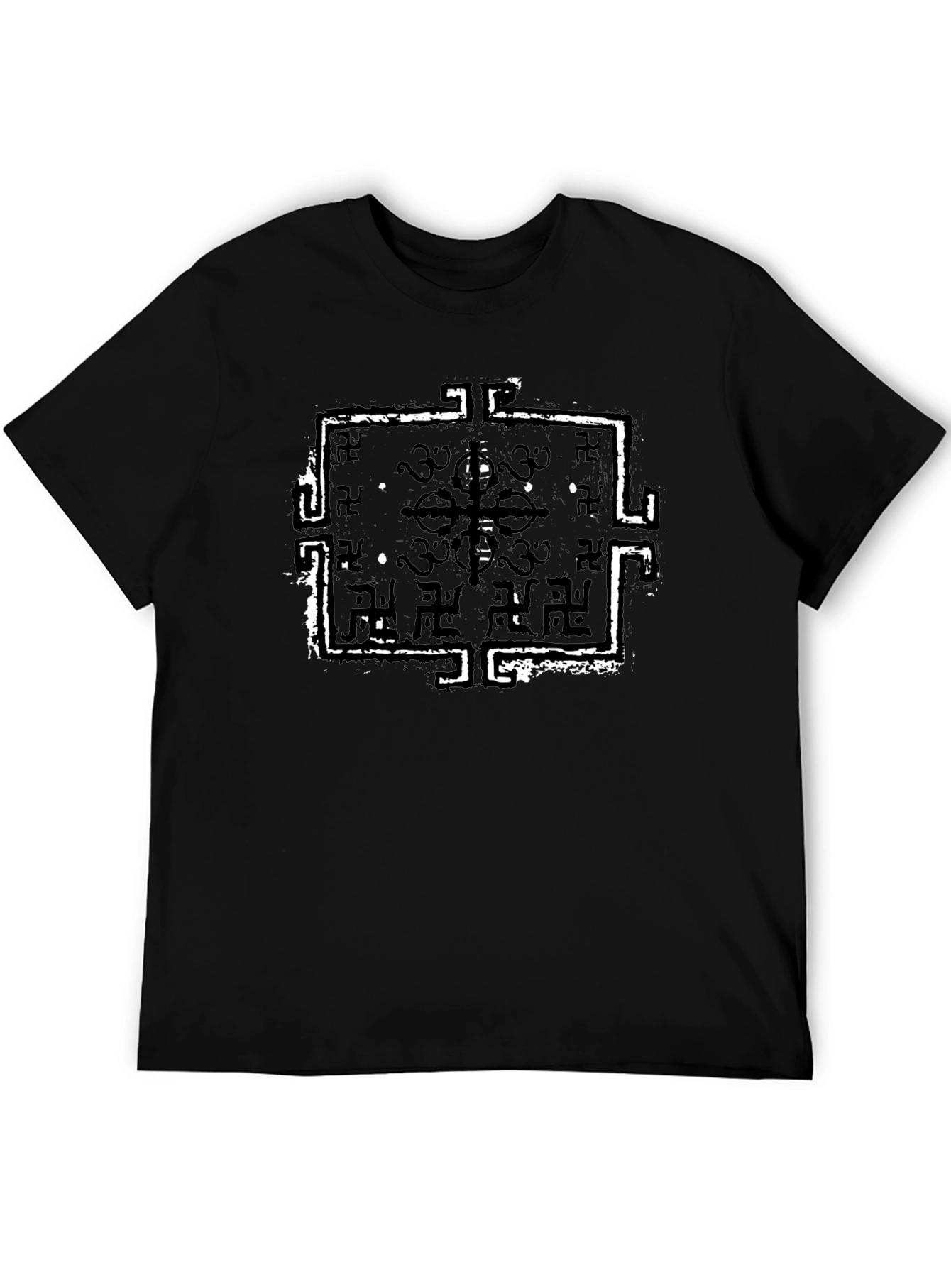 Black T-Shirt with Distressed Geometric Print