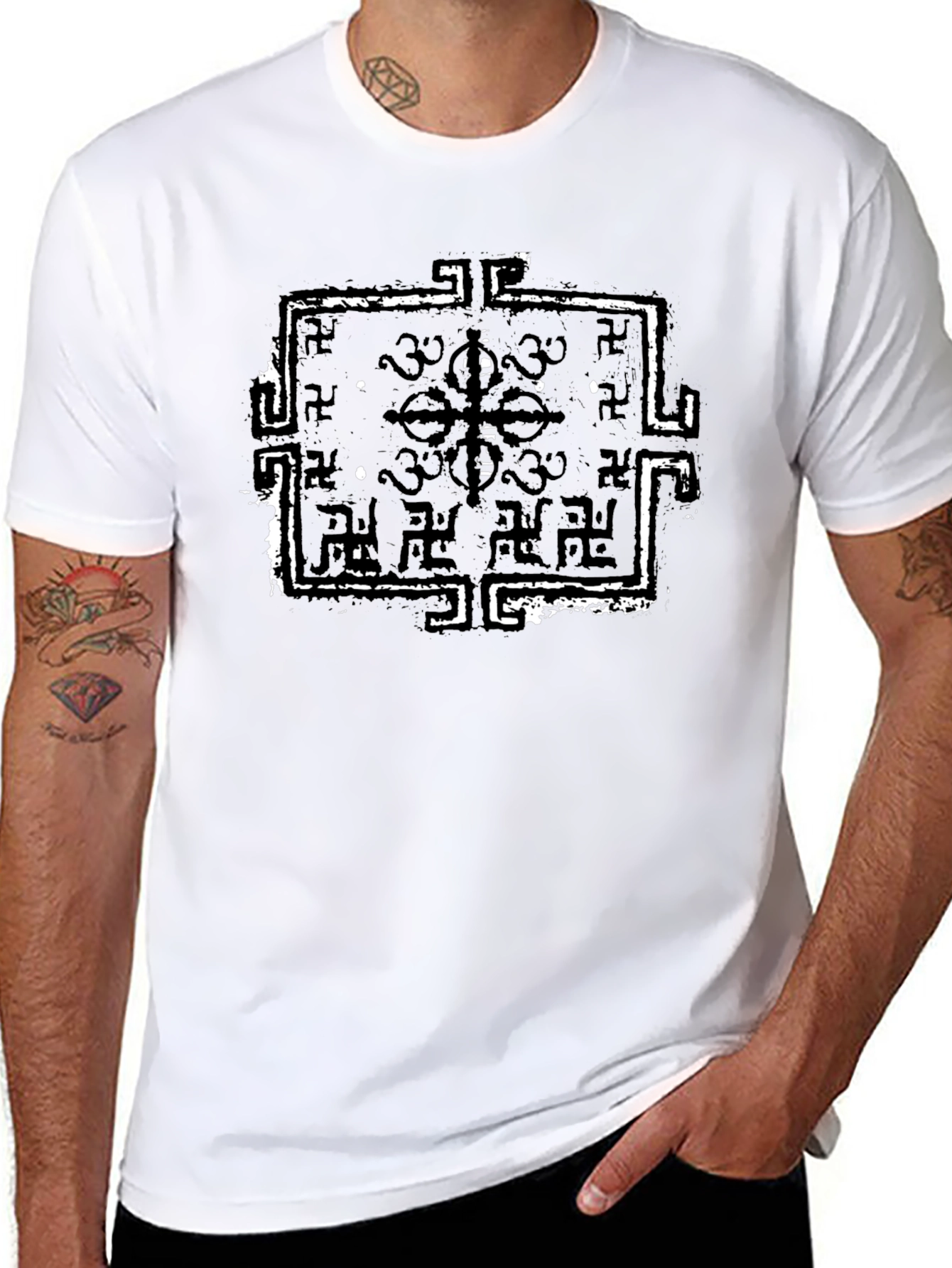 Black T-Shirt with Distressed Geometric Print