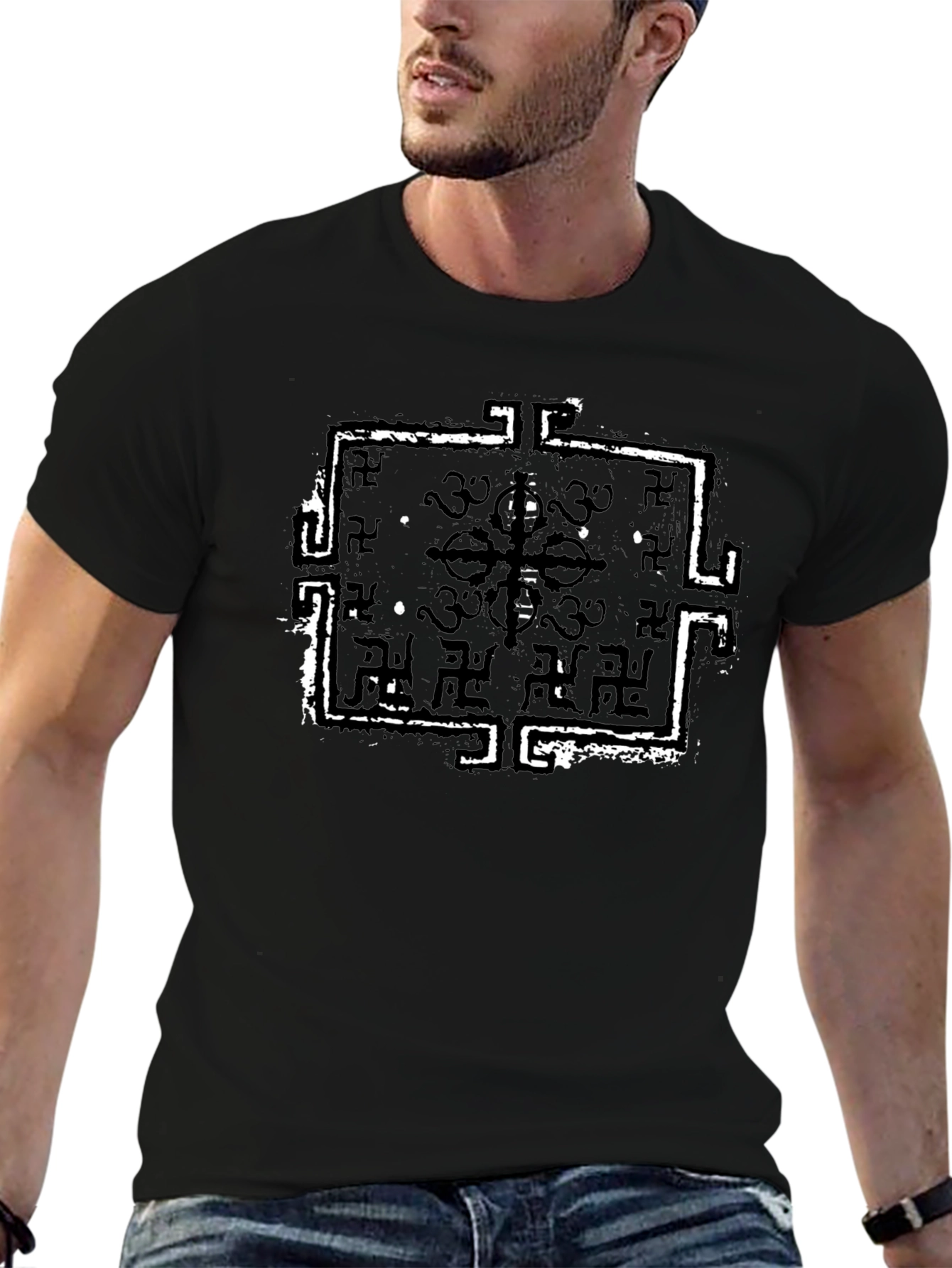 Black T-Shirt with Distressed Geometric Print