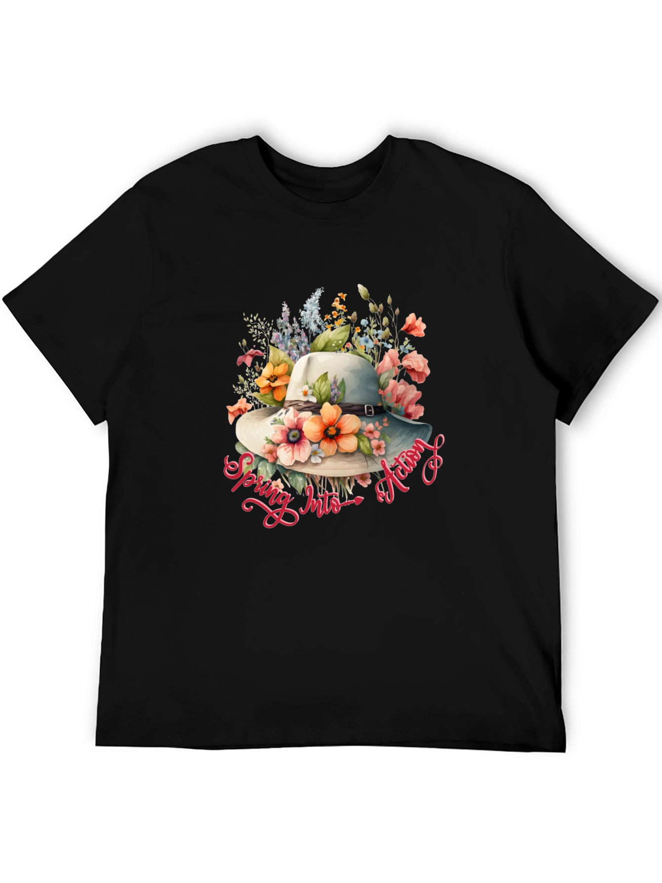 Floral Hat Spring Into Action Black T-Shirt