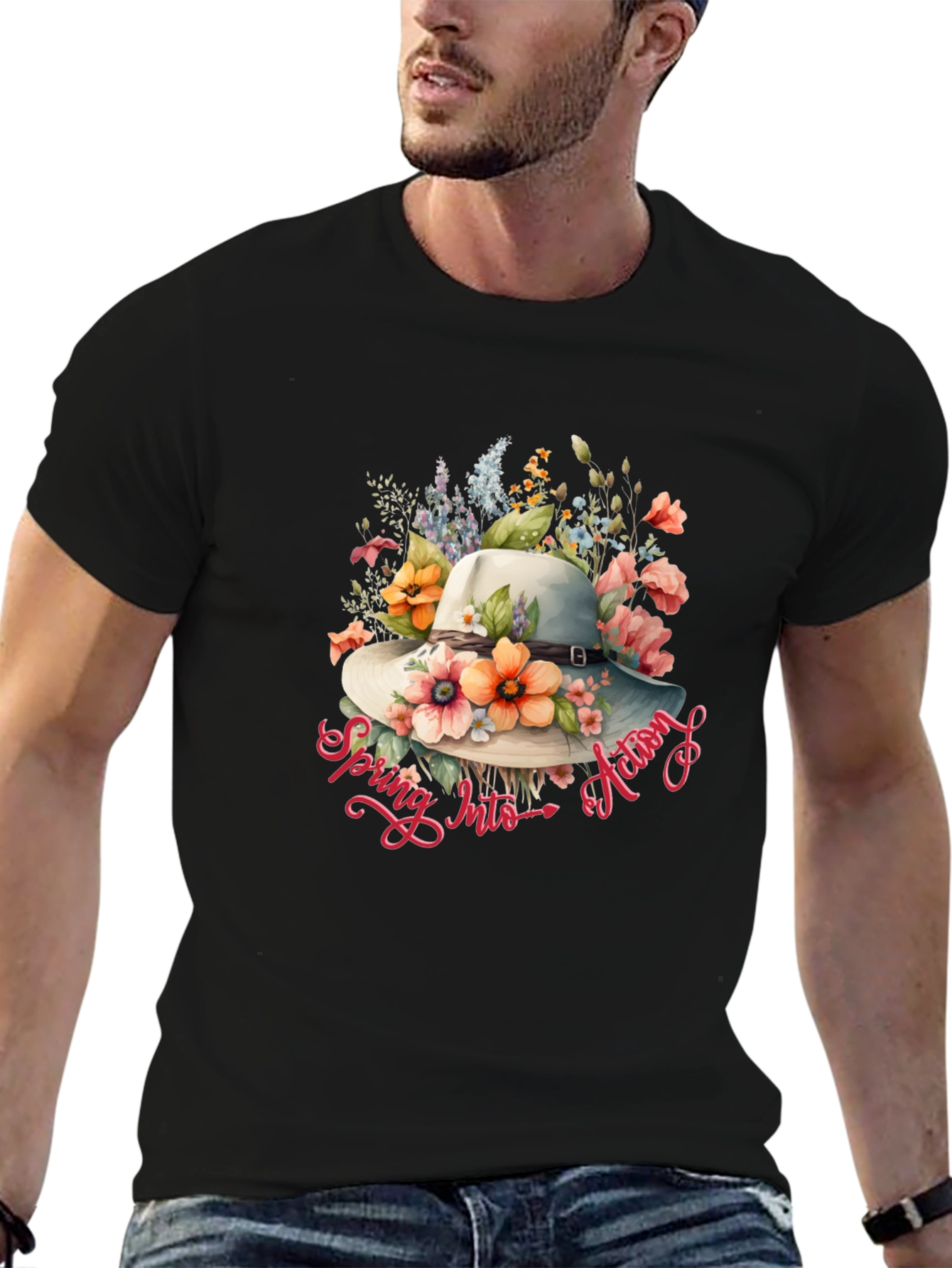 Floral Hat Spring Into Action Black T-Shirt