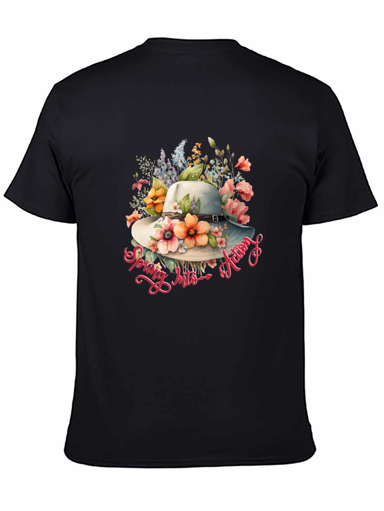 Floral Hat Spring Into Action Black T-Shirt