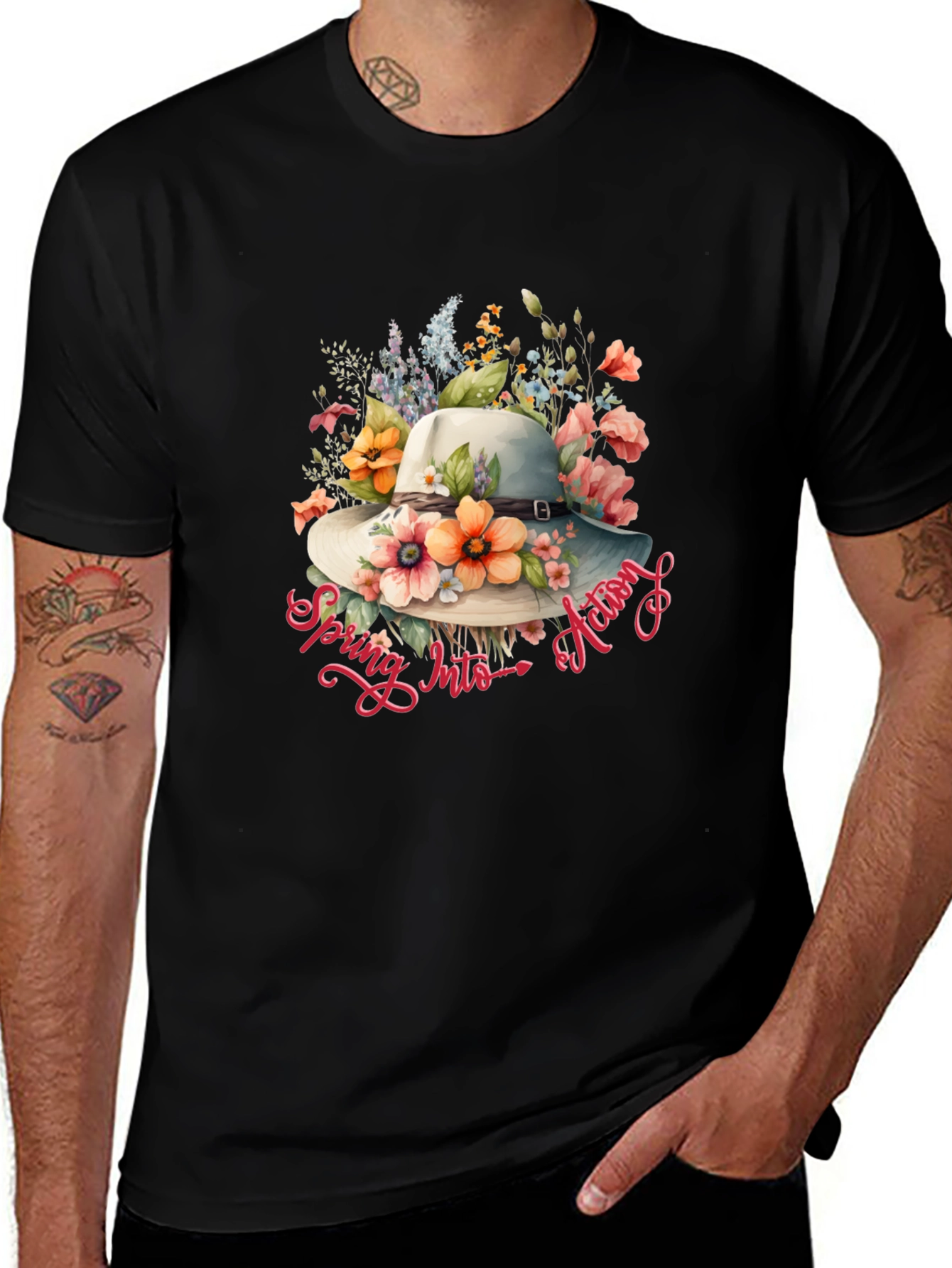 Floral Hat Spring Into Action Black T-Shirt