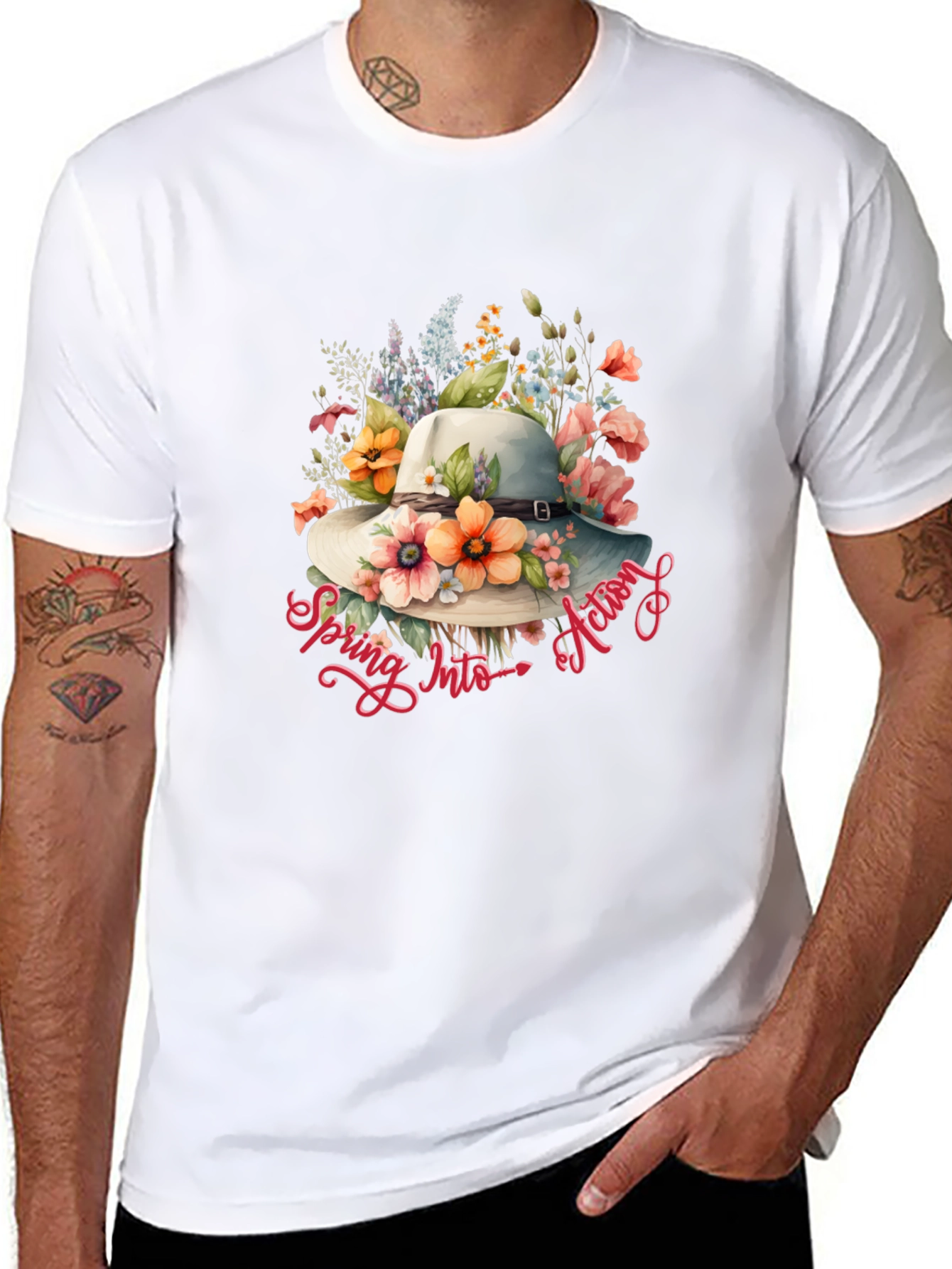 Floral Hat Spring Into Action Black T-Shirt