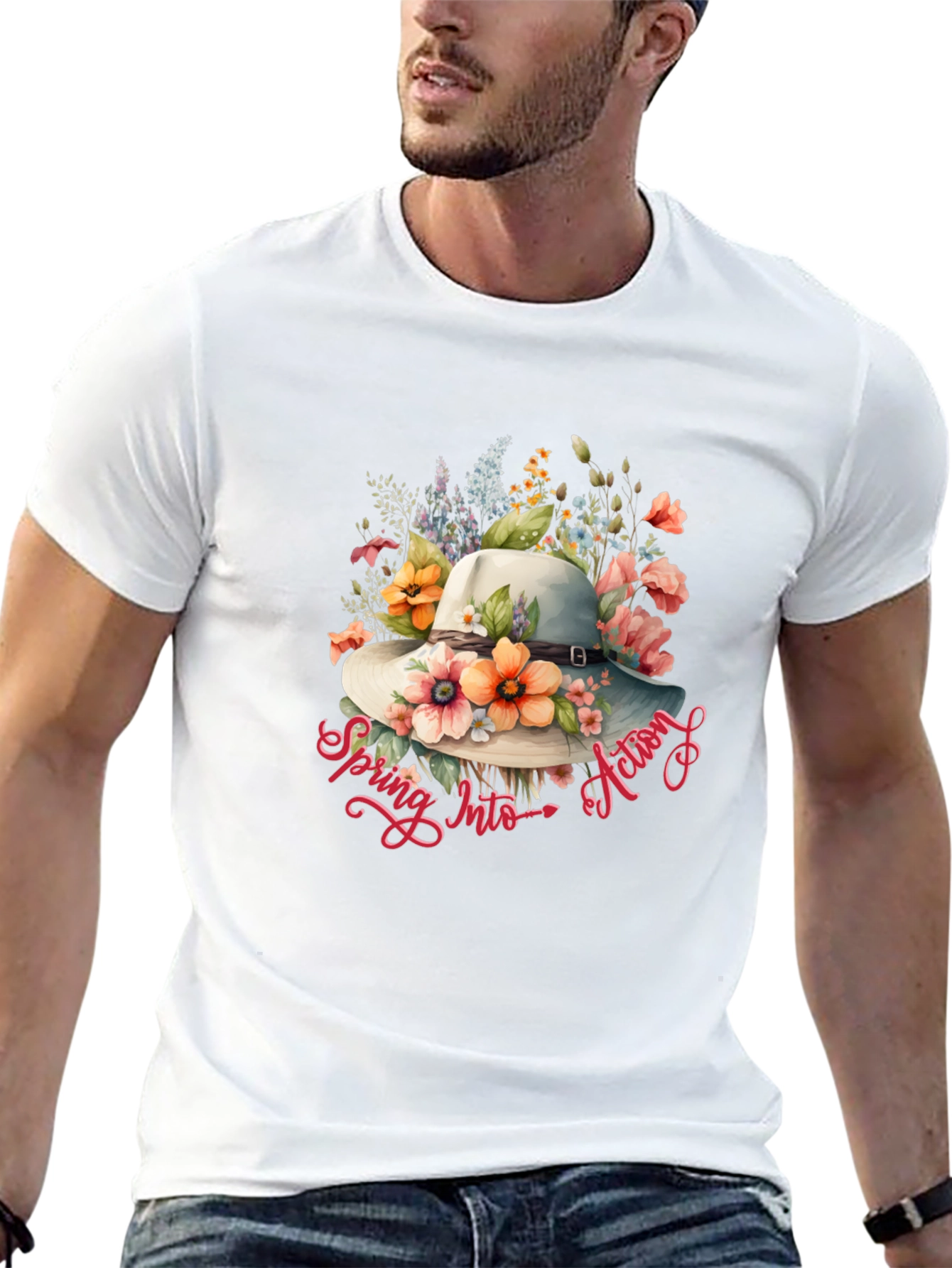 Floral Hat Spring Into Action Black T-Shirt