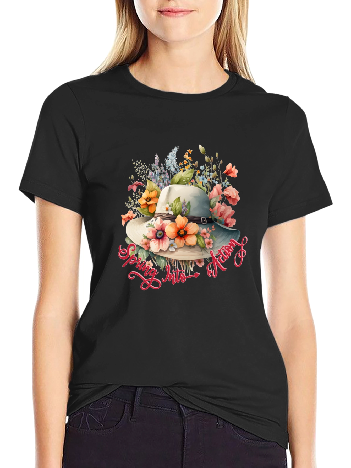 Floral Hat Spring Into Action Black T-Shirt
