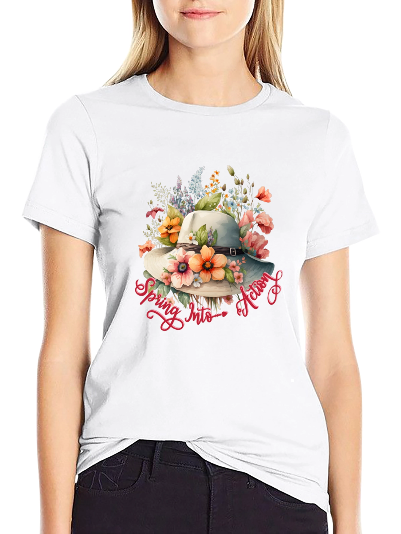 Floral Hat Spring Into Action Black T-Shirt