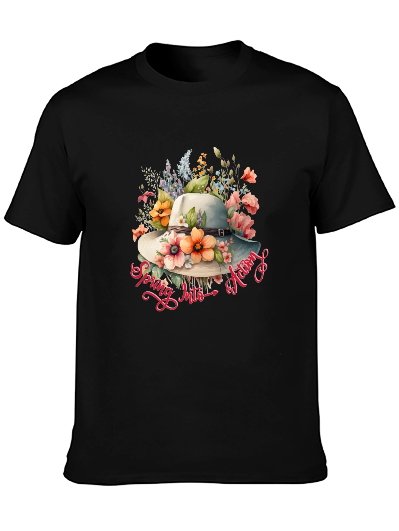 Floral Hat Spring Into Action Black T-Shirt