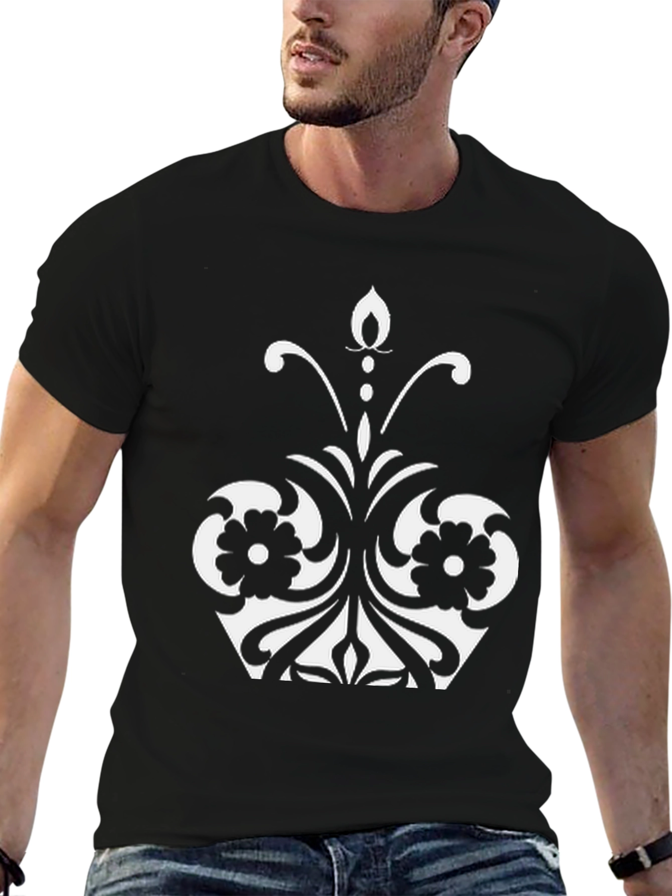 Elegant Floral Design Black T-Shirt