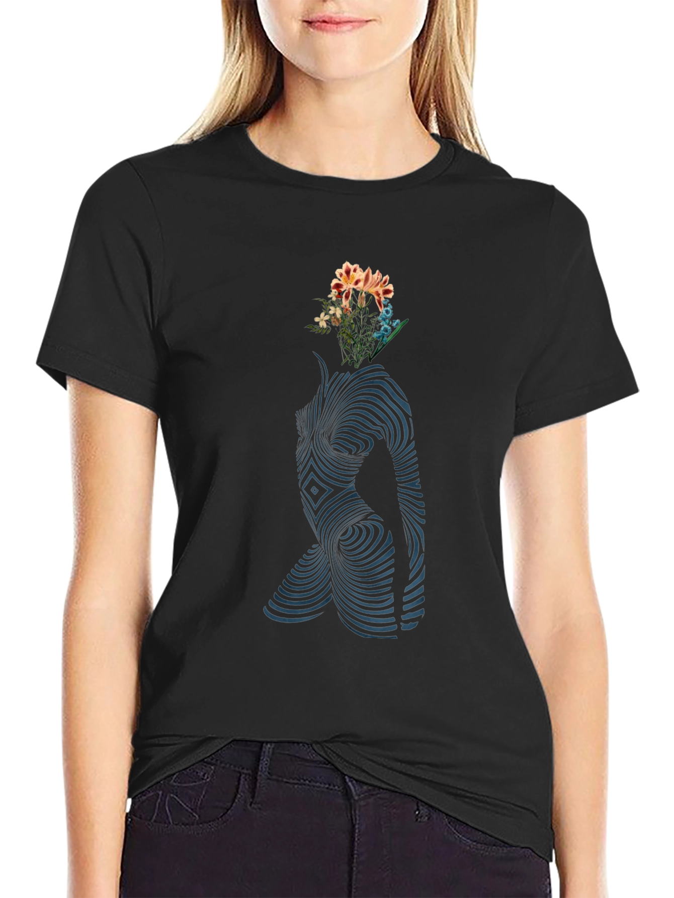 Abstract Floral Body Print Black T-Shirt