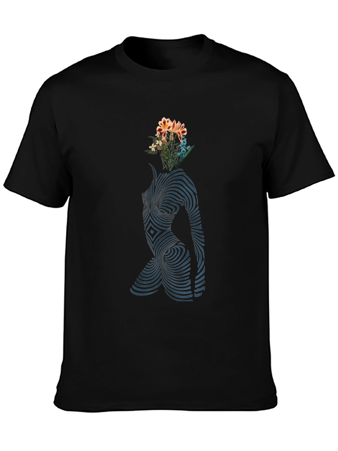 Abstract Floral Body Print Black T-Shirt