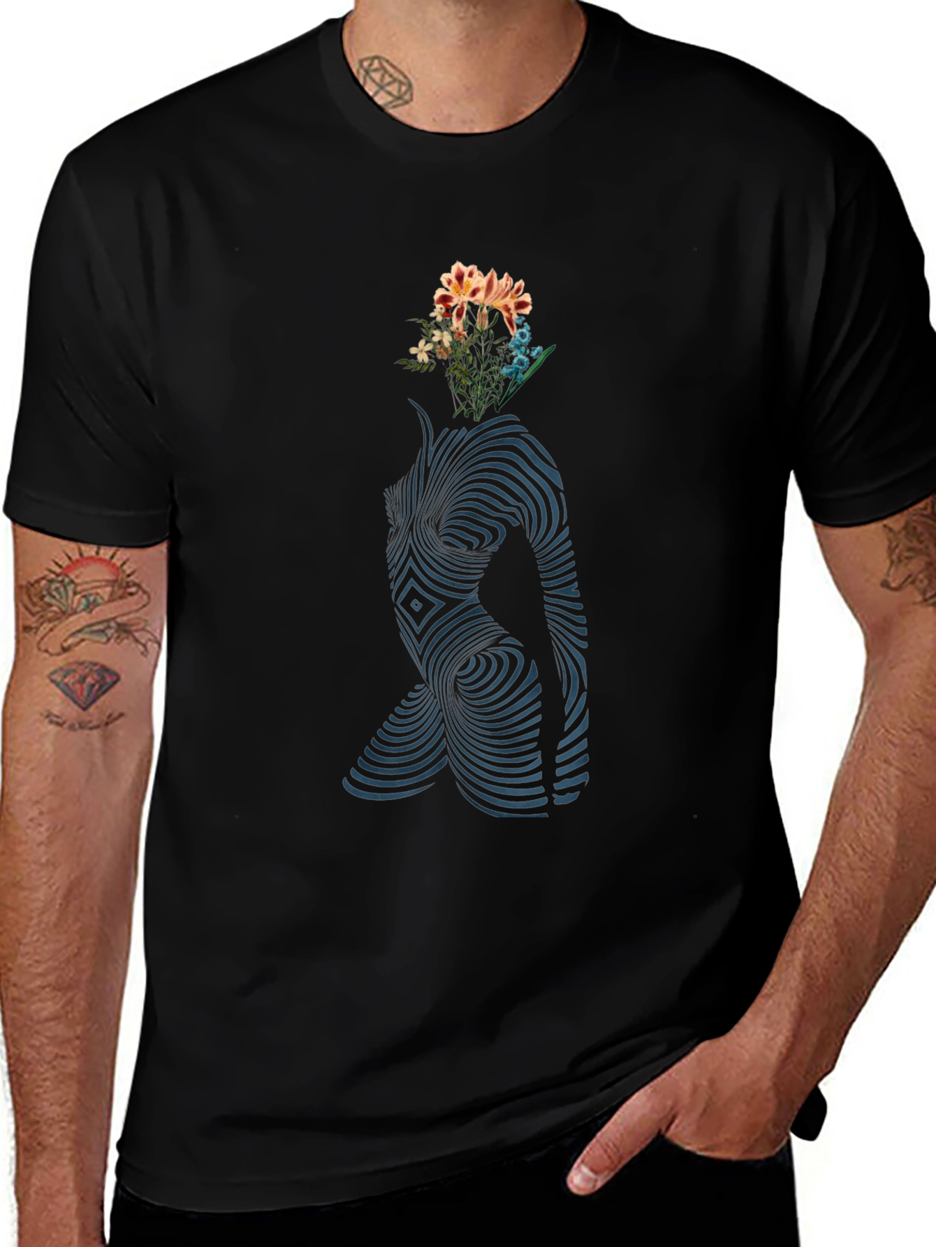 Abstract Floral Body Print Black T-Shirt