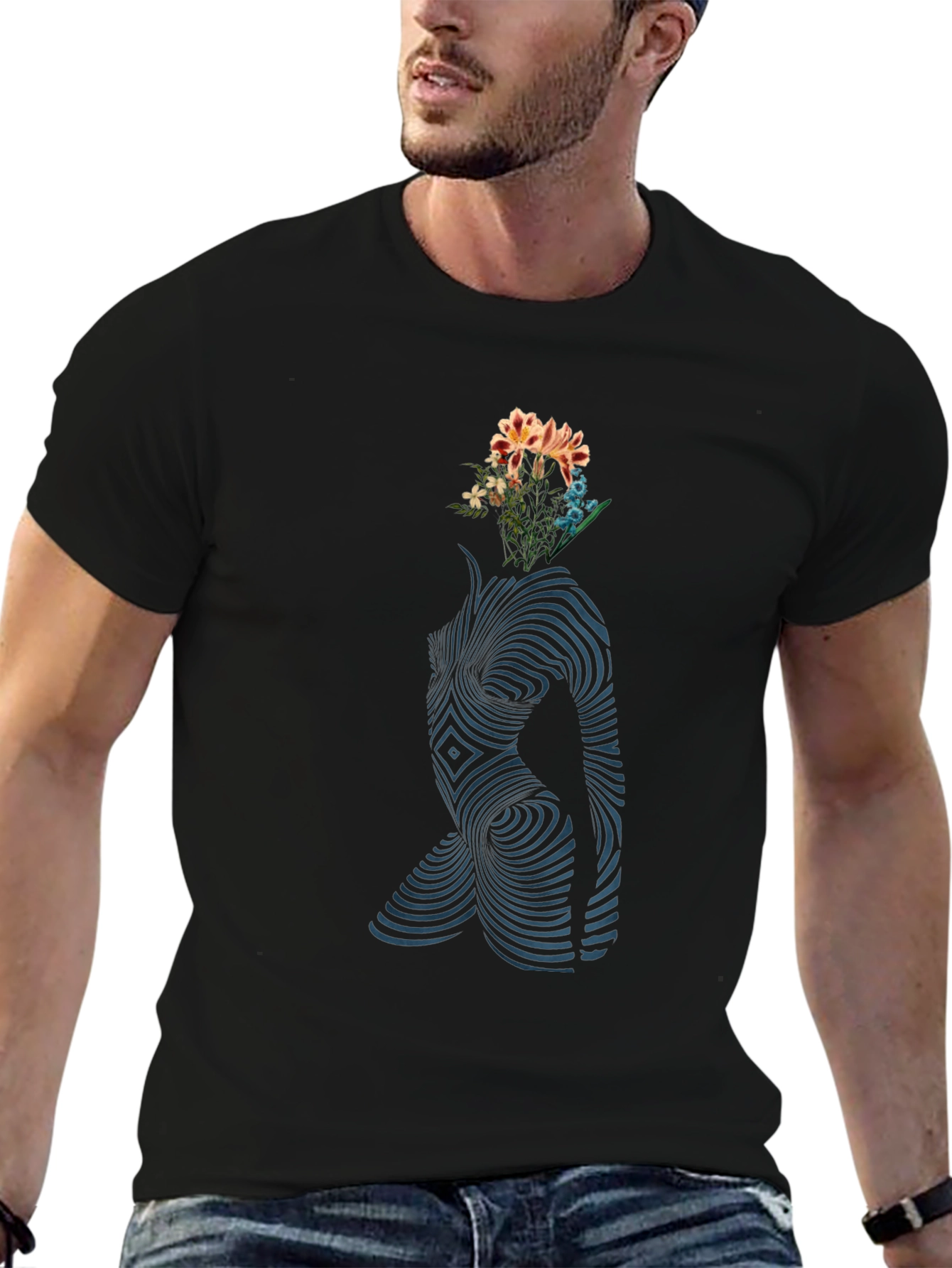 Abstract Floral Body Print Black T-Shirt