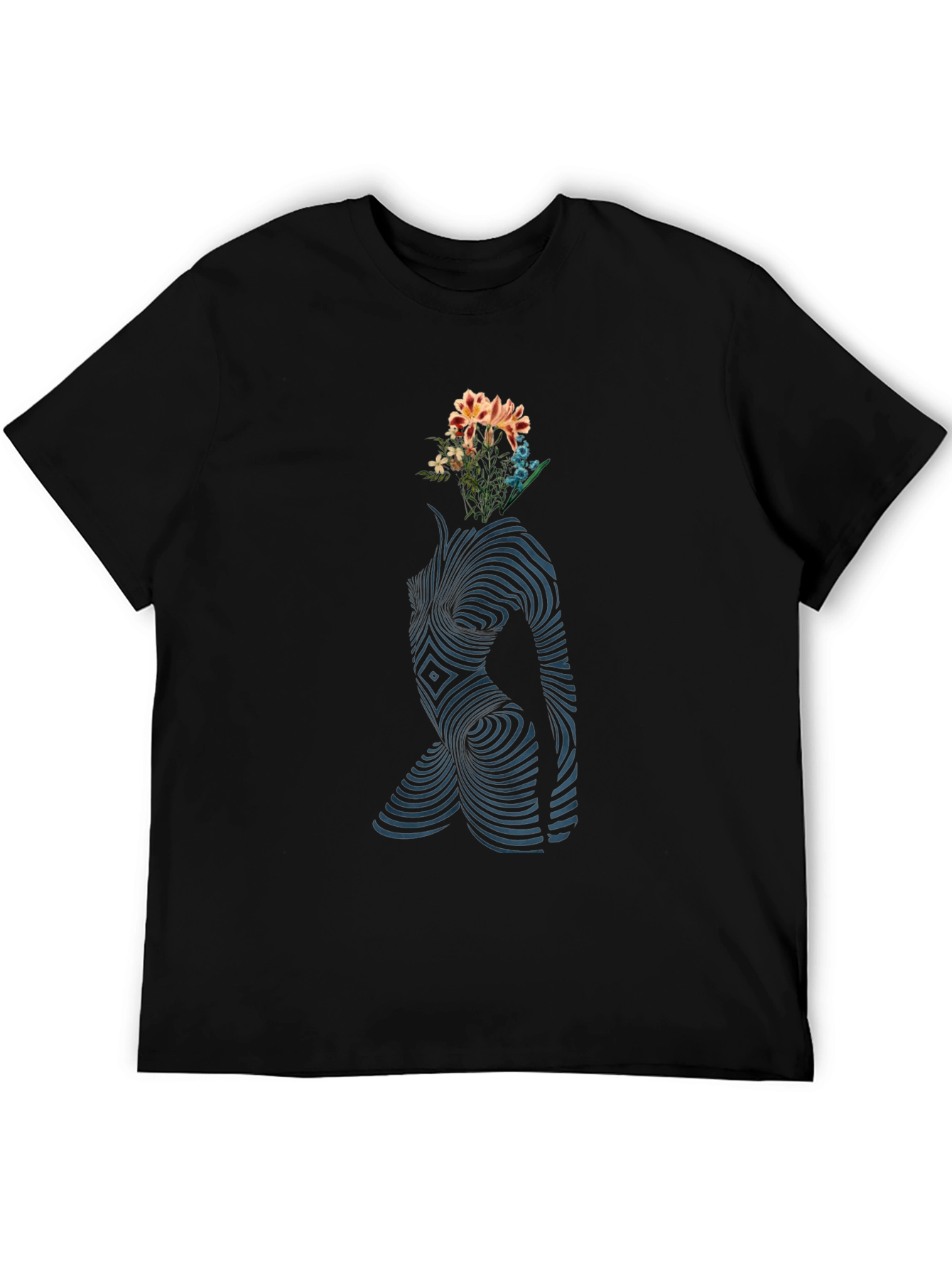 Abstract Floral Body Print Black T-Shirt