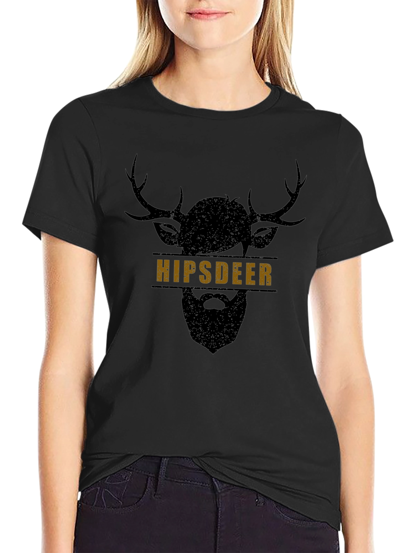 Hipster Deer Graphic Black T-Shirt