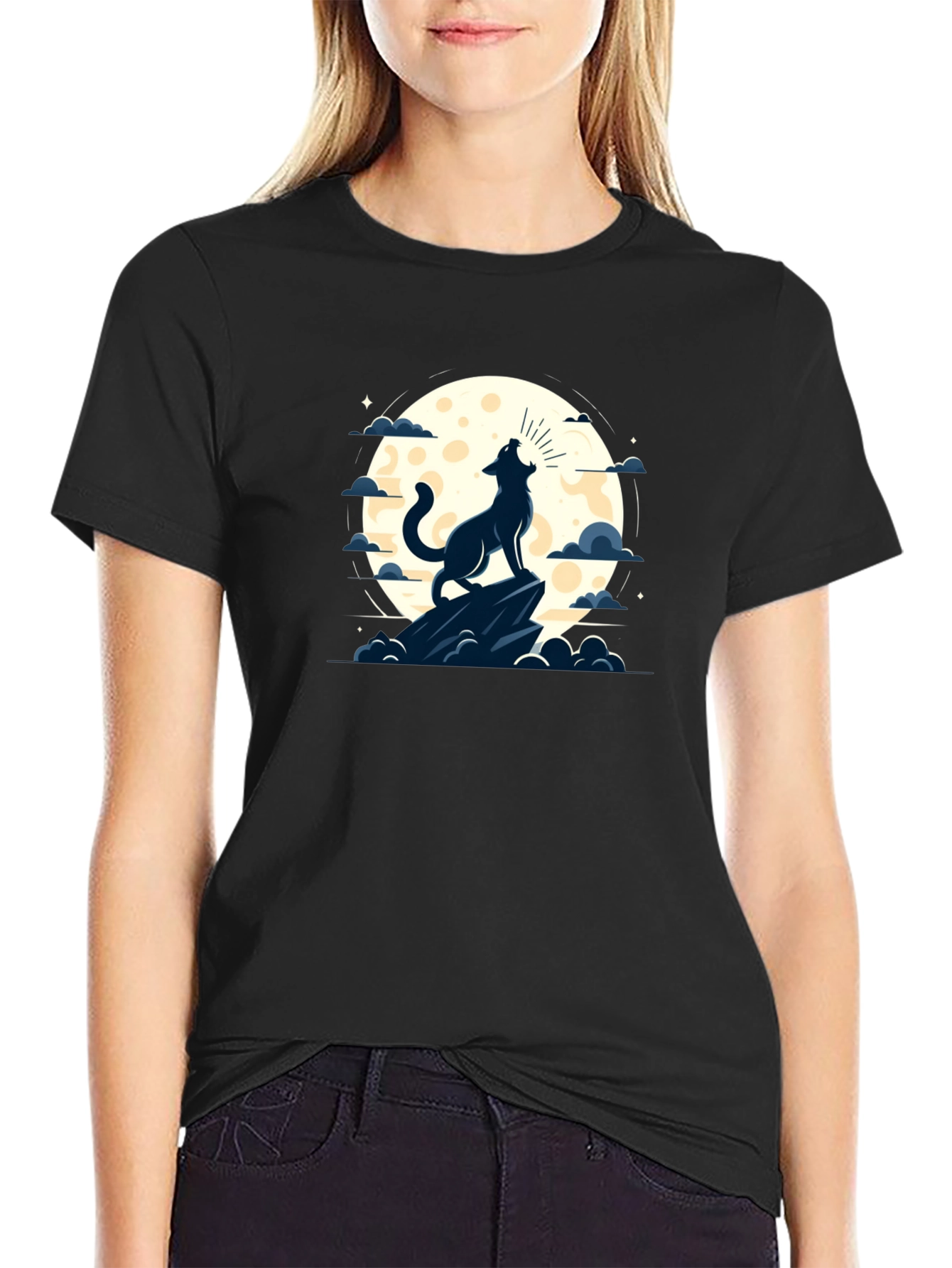 Wolf Howling at Moon Graphic Tee - Black