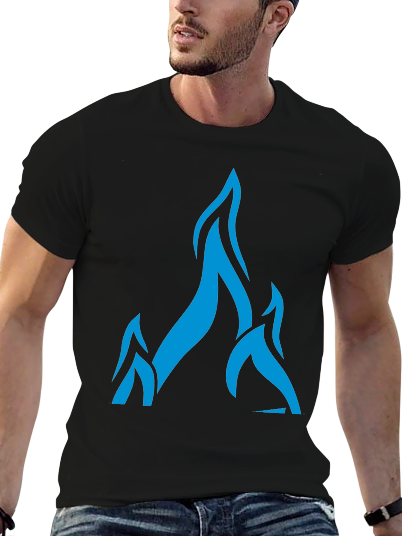 Bold Blue Flame Graphic Black T-Shirt