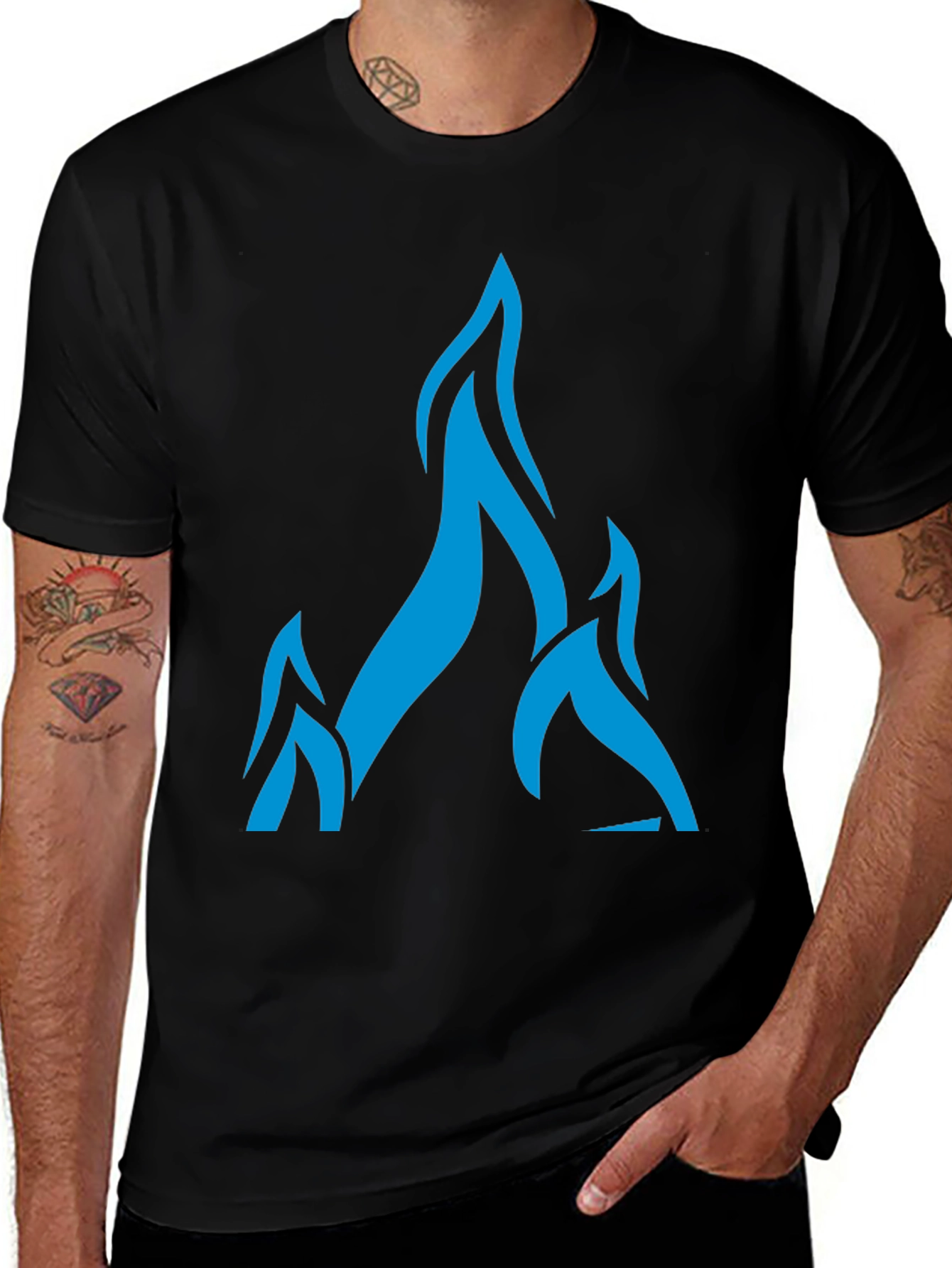 Bold Blue Flame Graphic Black T-Shirt