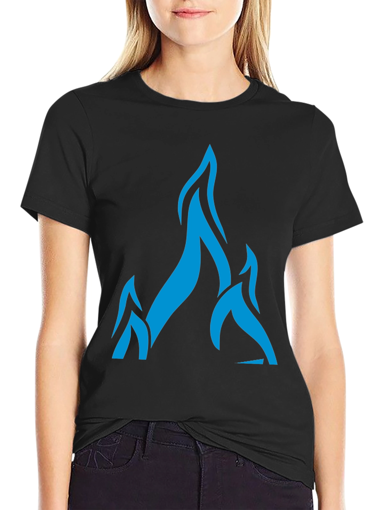 Bold Blue Flame Graphic Black T-Shirt