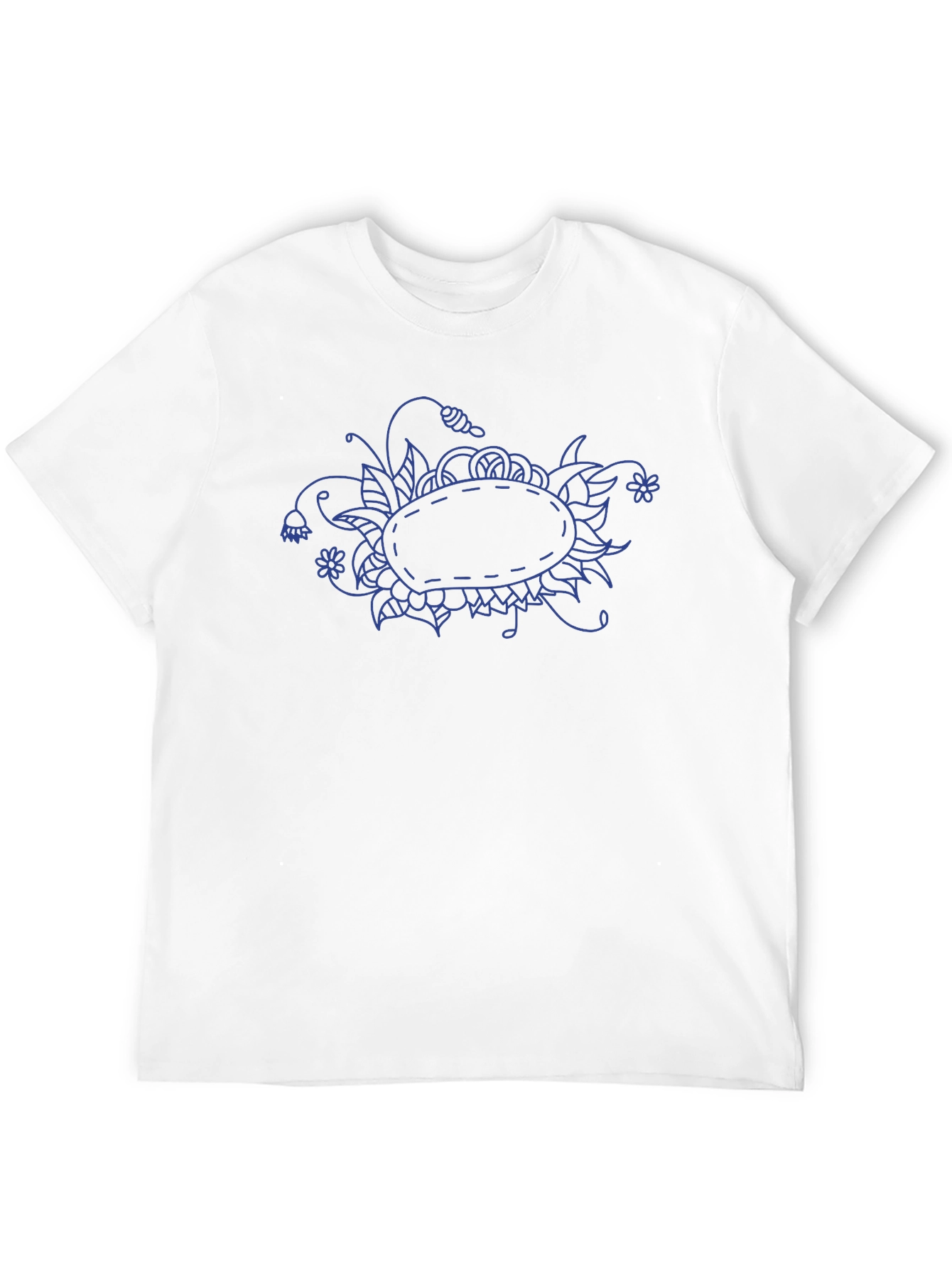 Blue Floral Doodle on Black T-Shirt