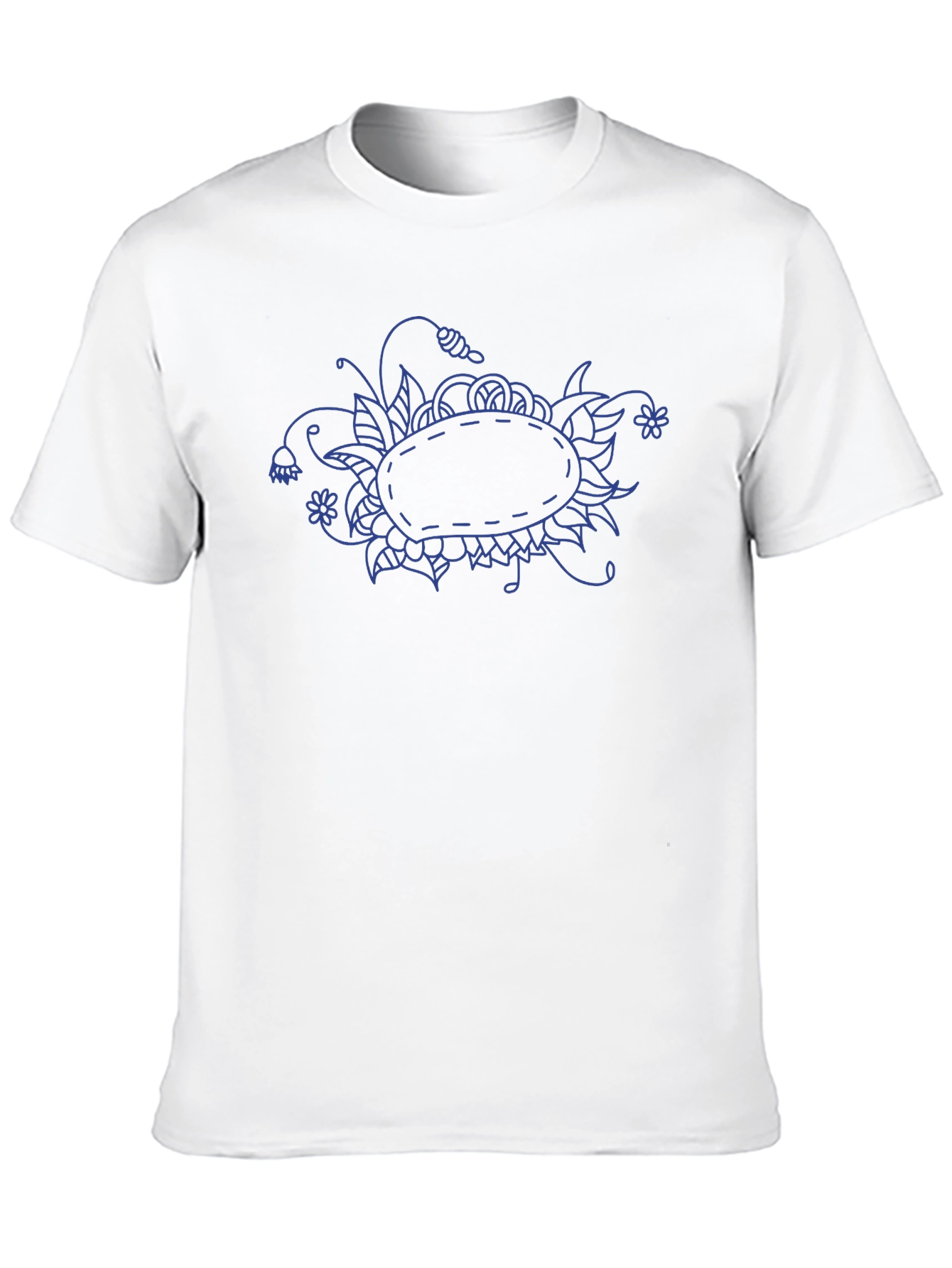 Blue Floral Doodle on Black T-Shirt