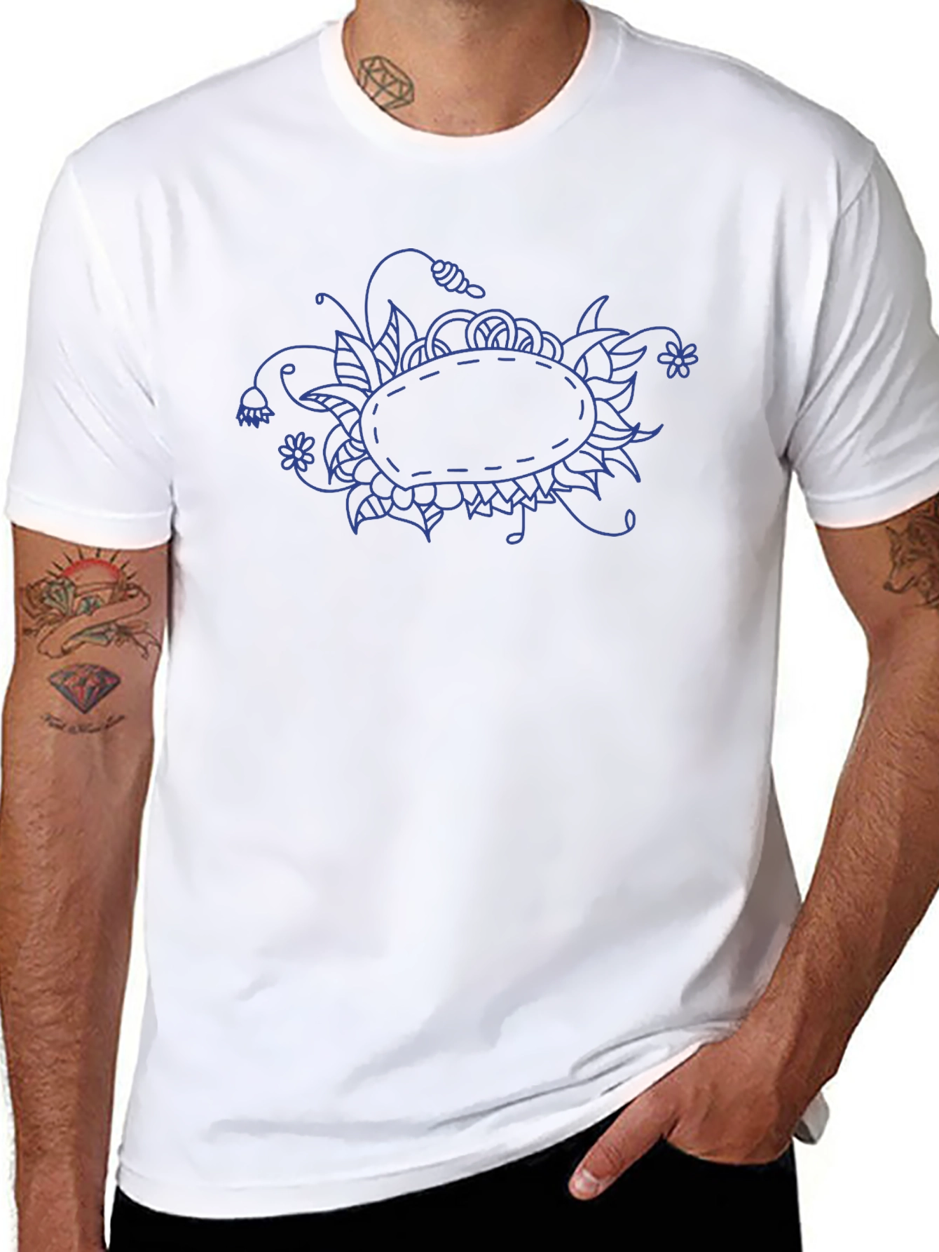 Blue Floral Doodle on Black T-Shirt