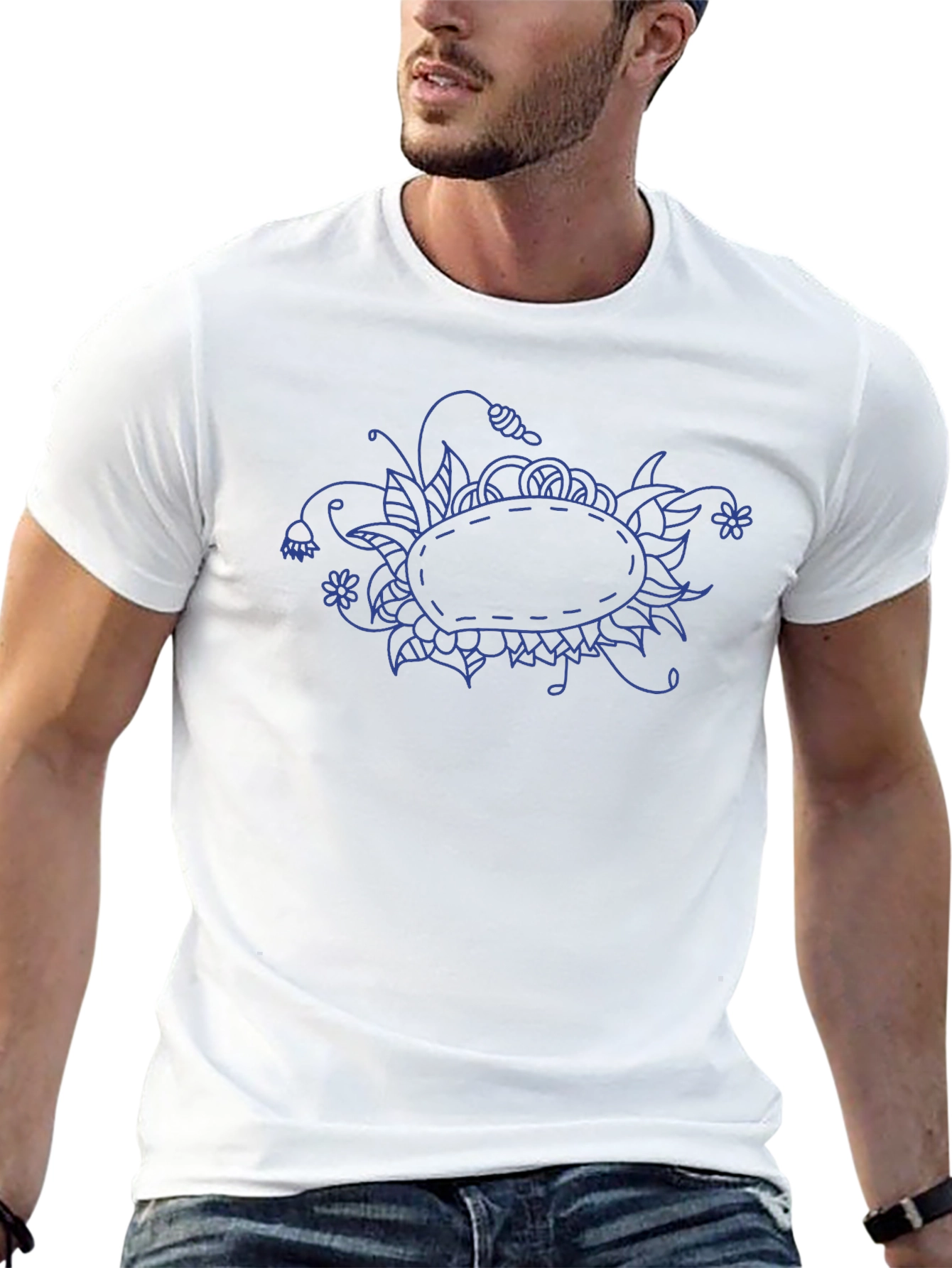 Blue Floral Doodle on Black T-Shirt