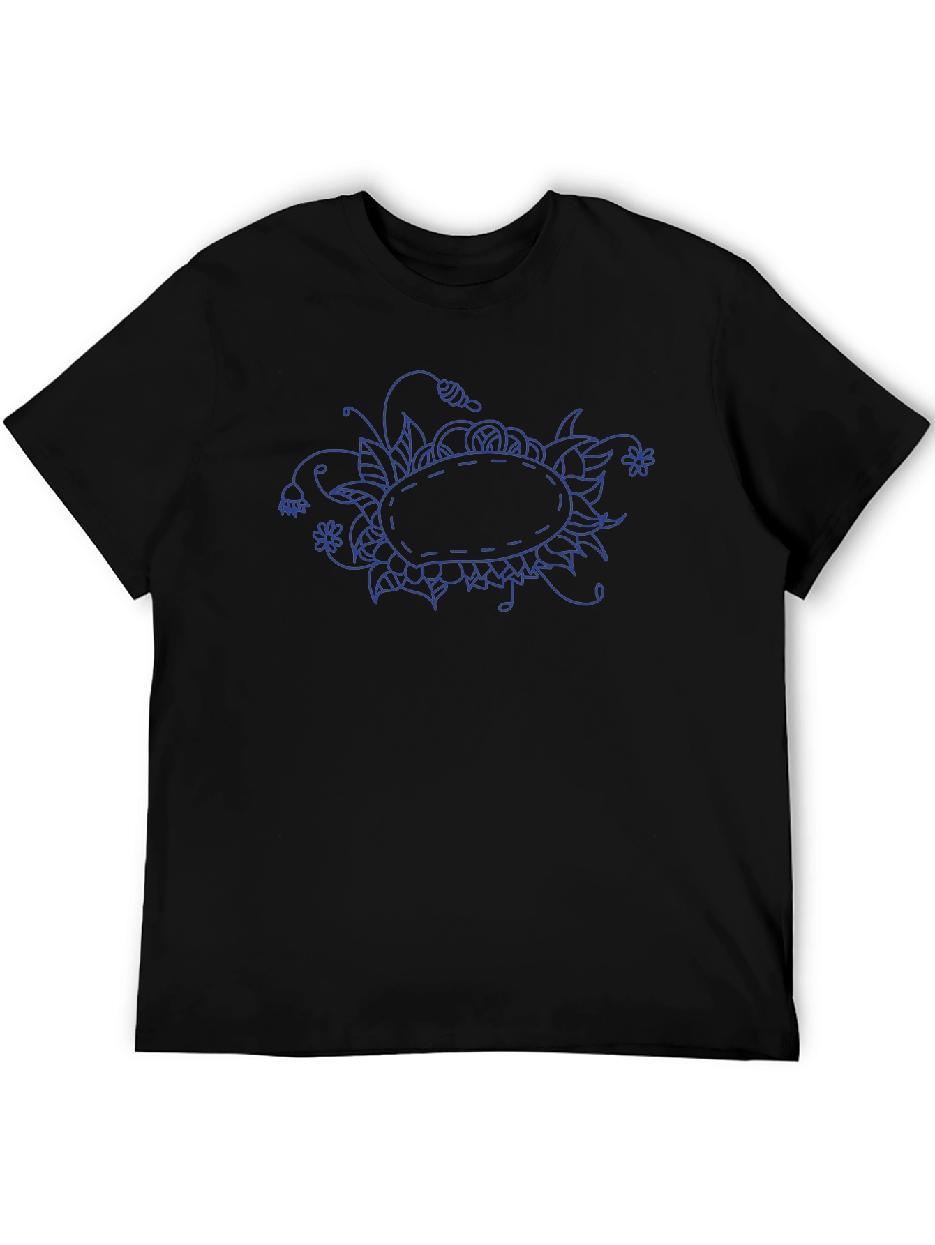 Blue Floral Doodle on Black T-Shirt