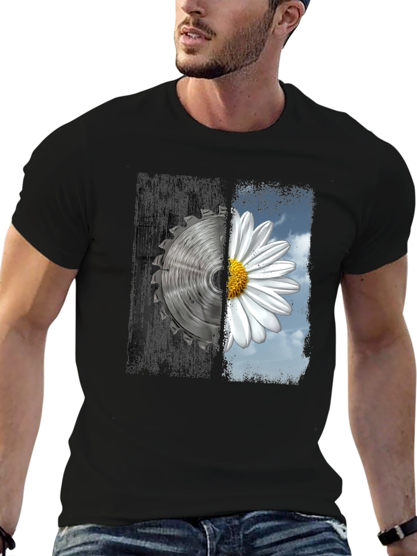 Yin Yang Saw Blade and Daisy Graphic T-Shirt