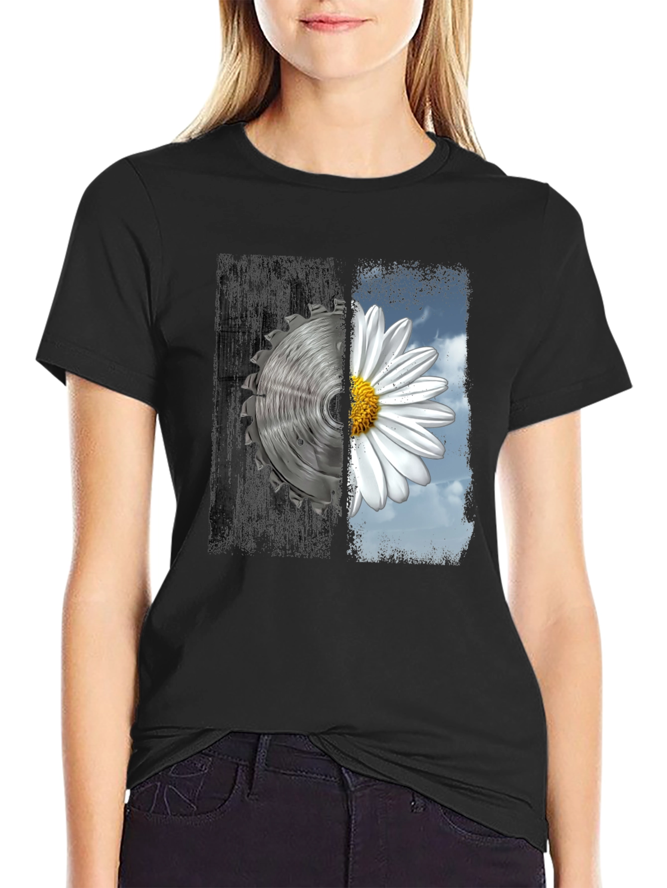 Yin Yang Saw Blade and Daisy Graphic T-Shirt