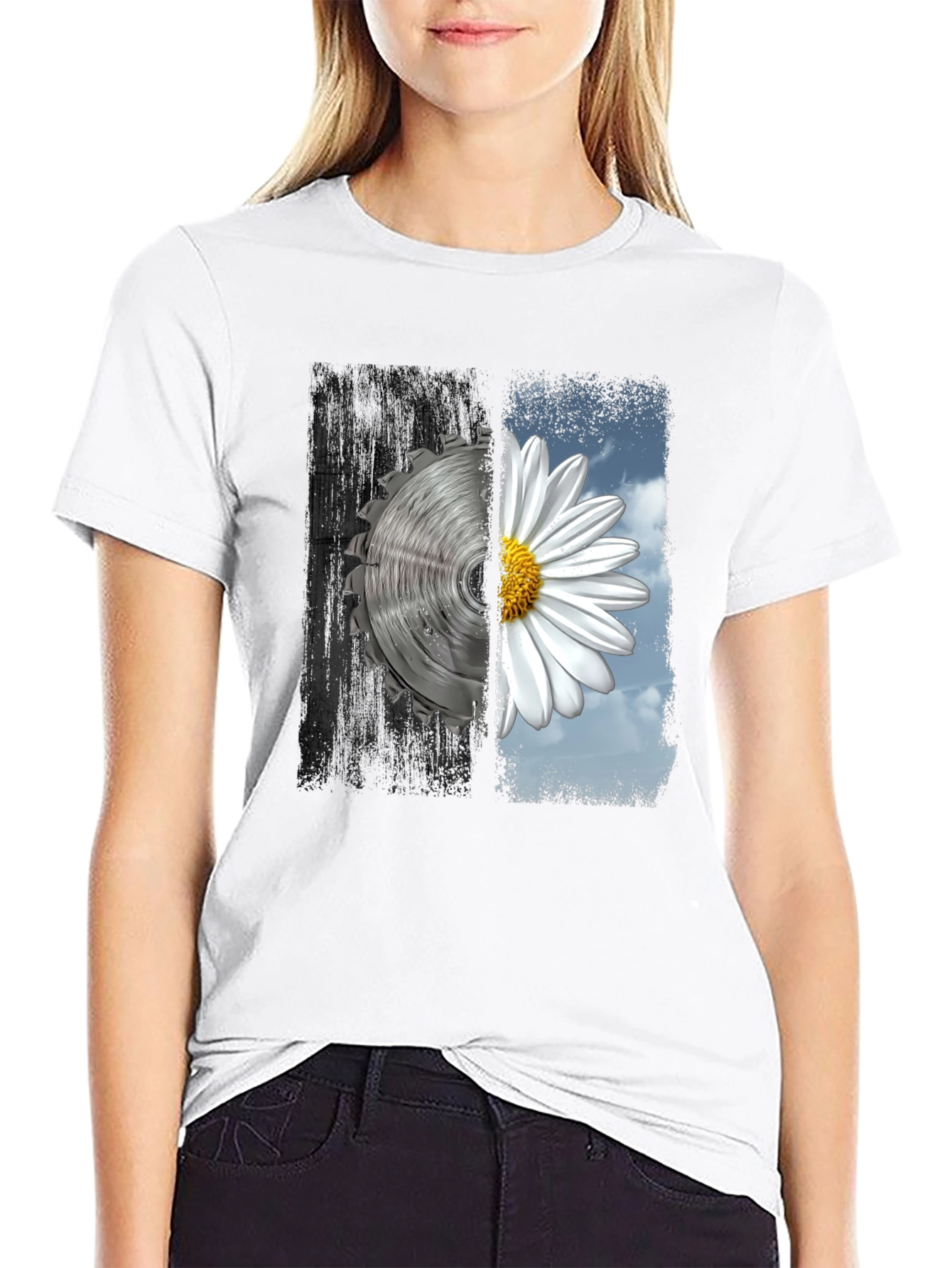 Yin Yang Saw Blade and Daisy Graphic T-Shirt