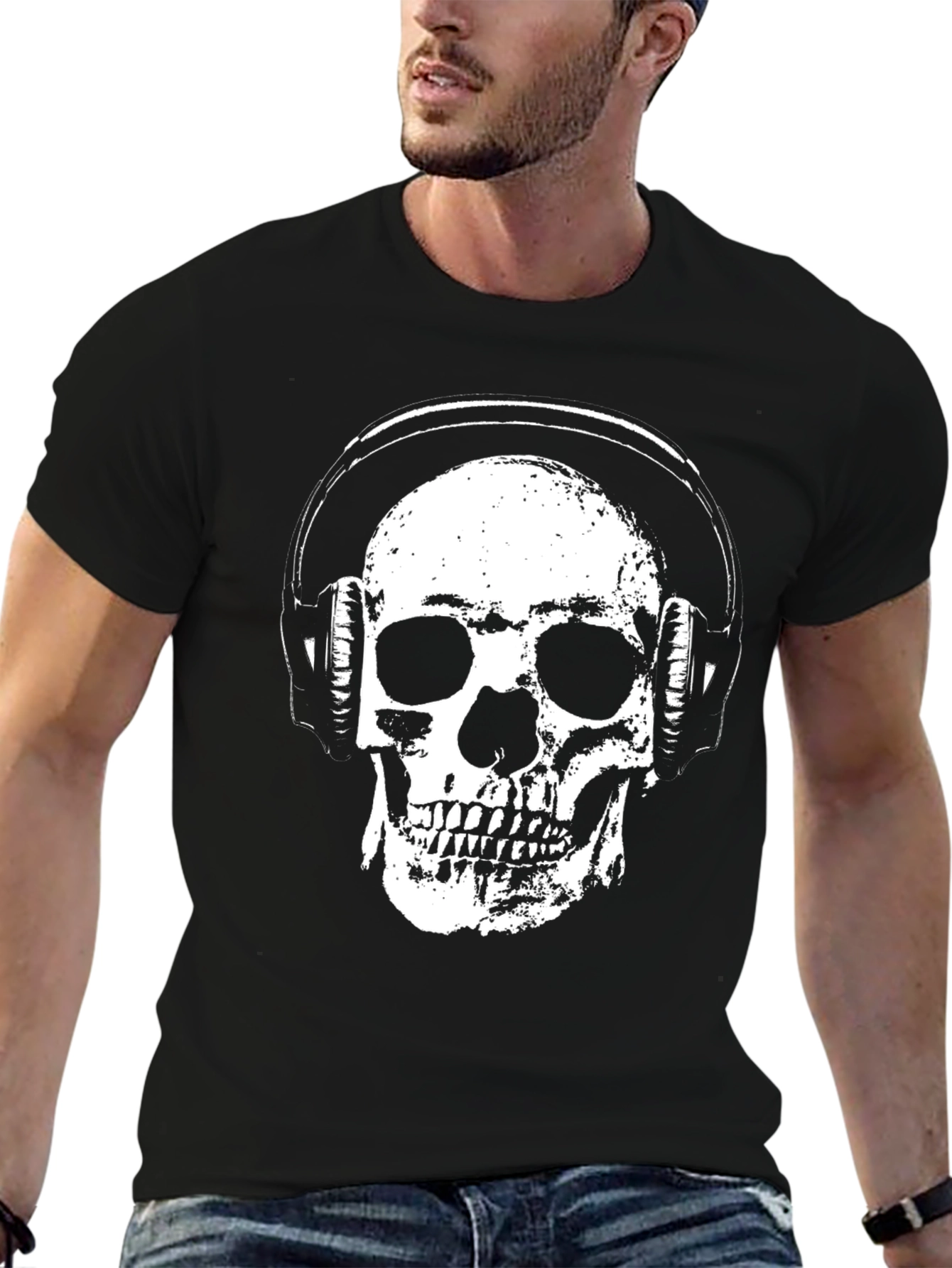 Skull with Headphones Graphic T-Shirt - Black