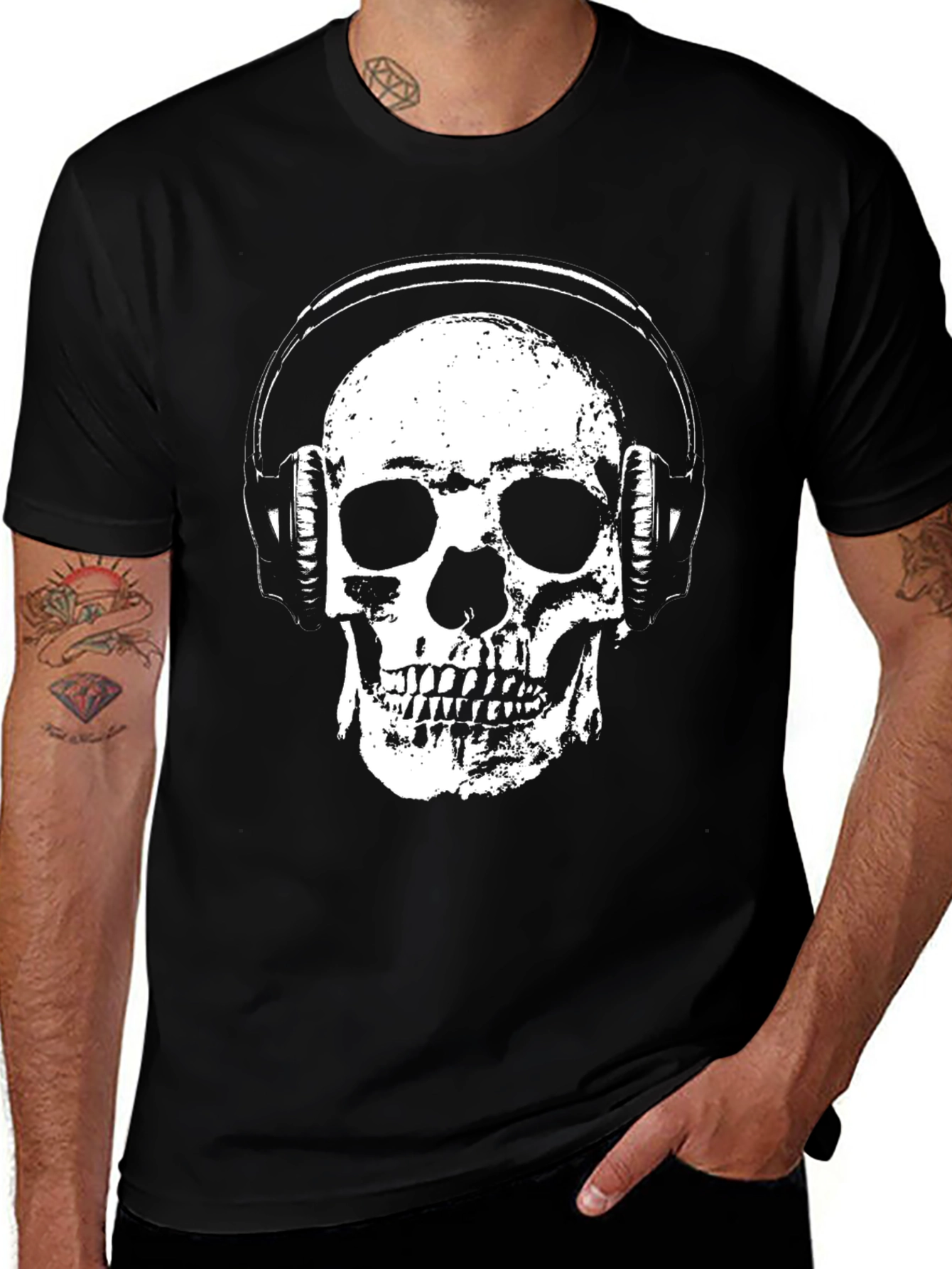 Skull with Headphones Graphic T-Shirt - Black