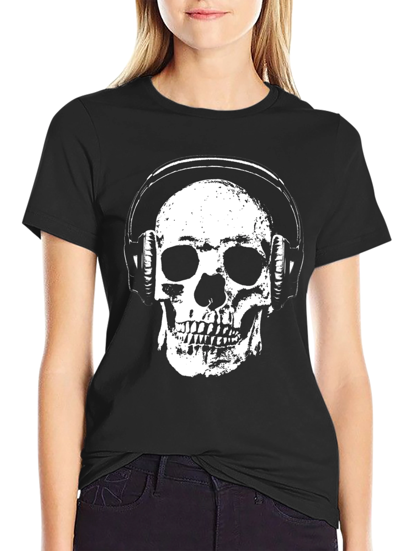 Skull with Headphones Graphic T-Shirt - Black