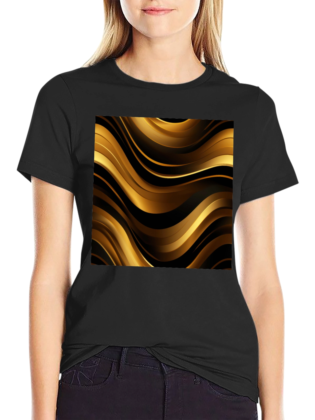 Stylish Black Tee with Abstract Gold Design
